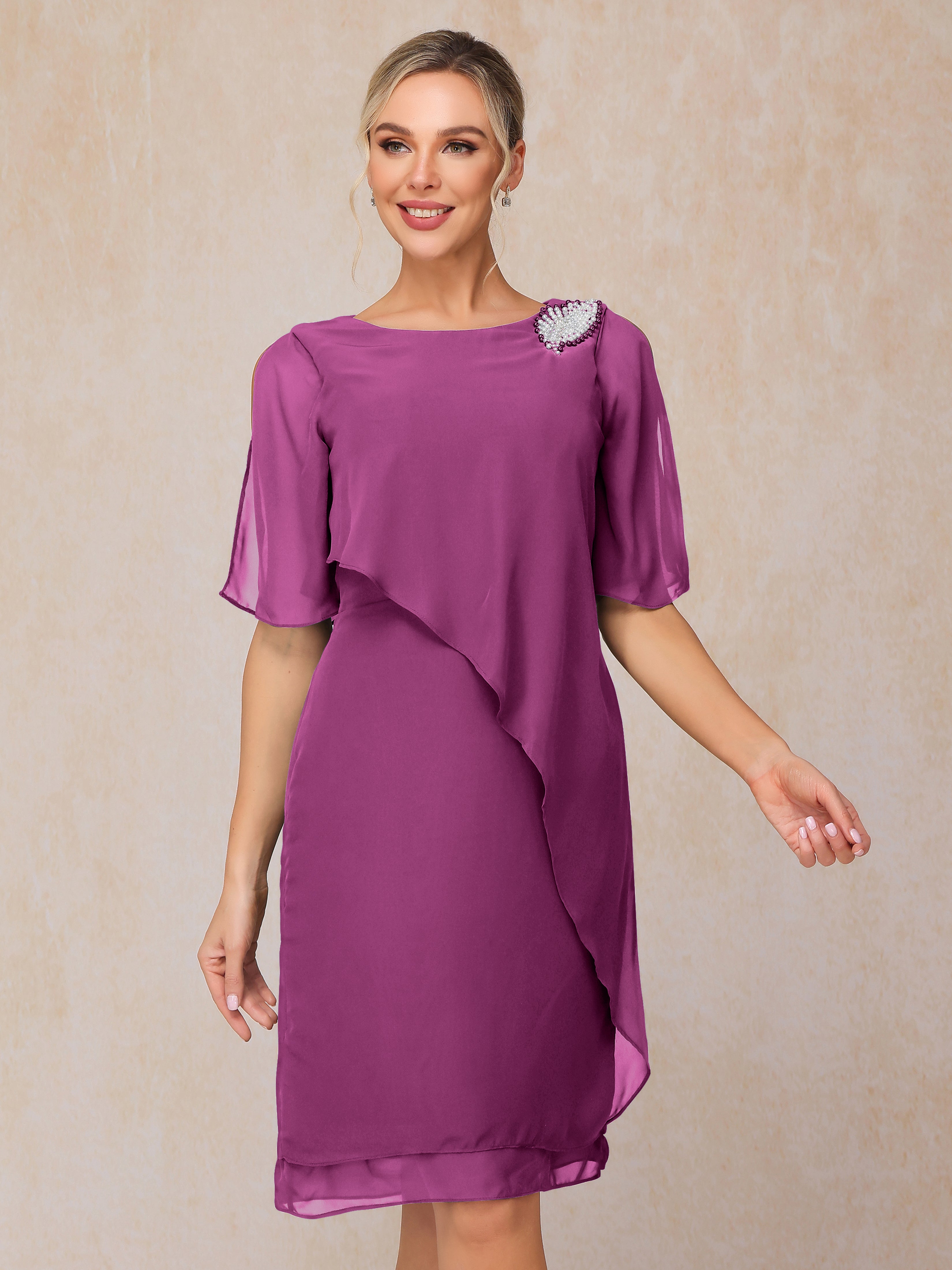 Short Sleeves Beading Knee Length Chiffon Mother Of The Bride Dress