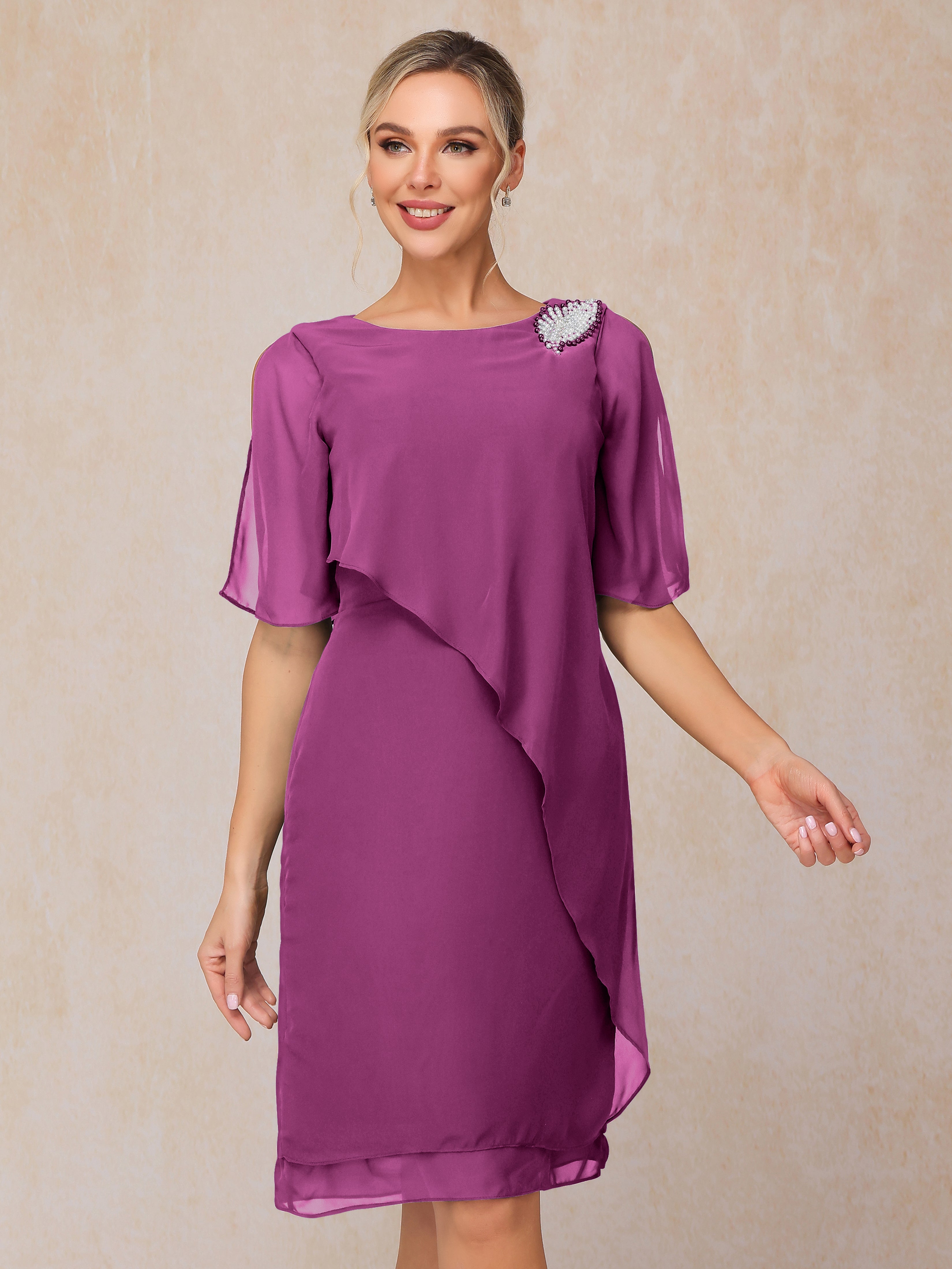 Short Sleeves Beading Knee Length Chiffon Mother Of The Groom Dress