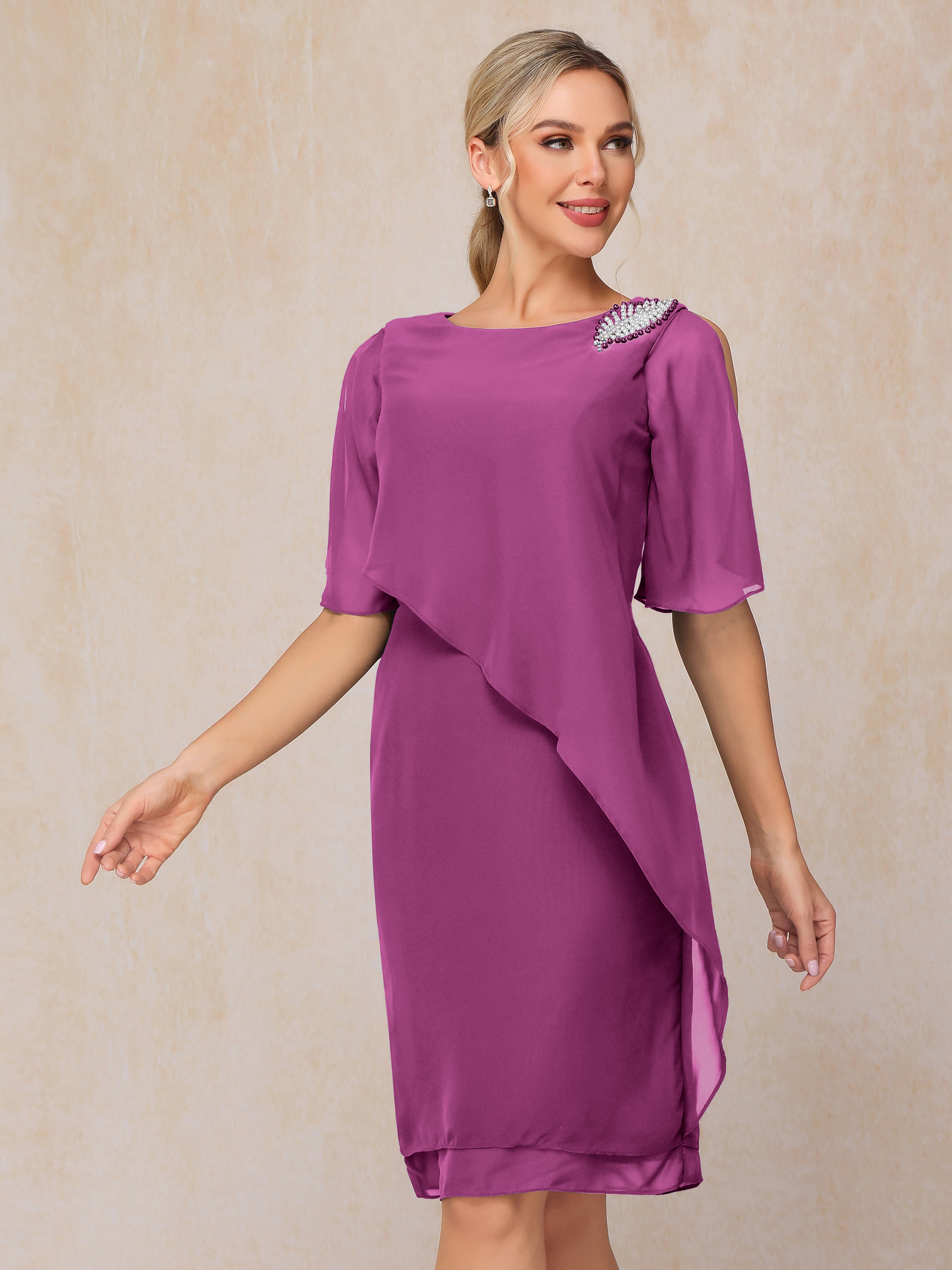 Short Sleeves Beading Knee Length Chiffon Mother Of The Groom Dress