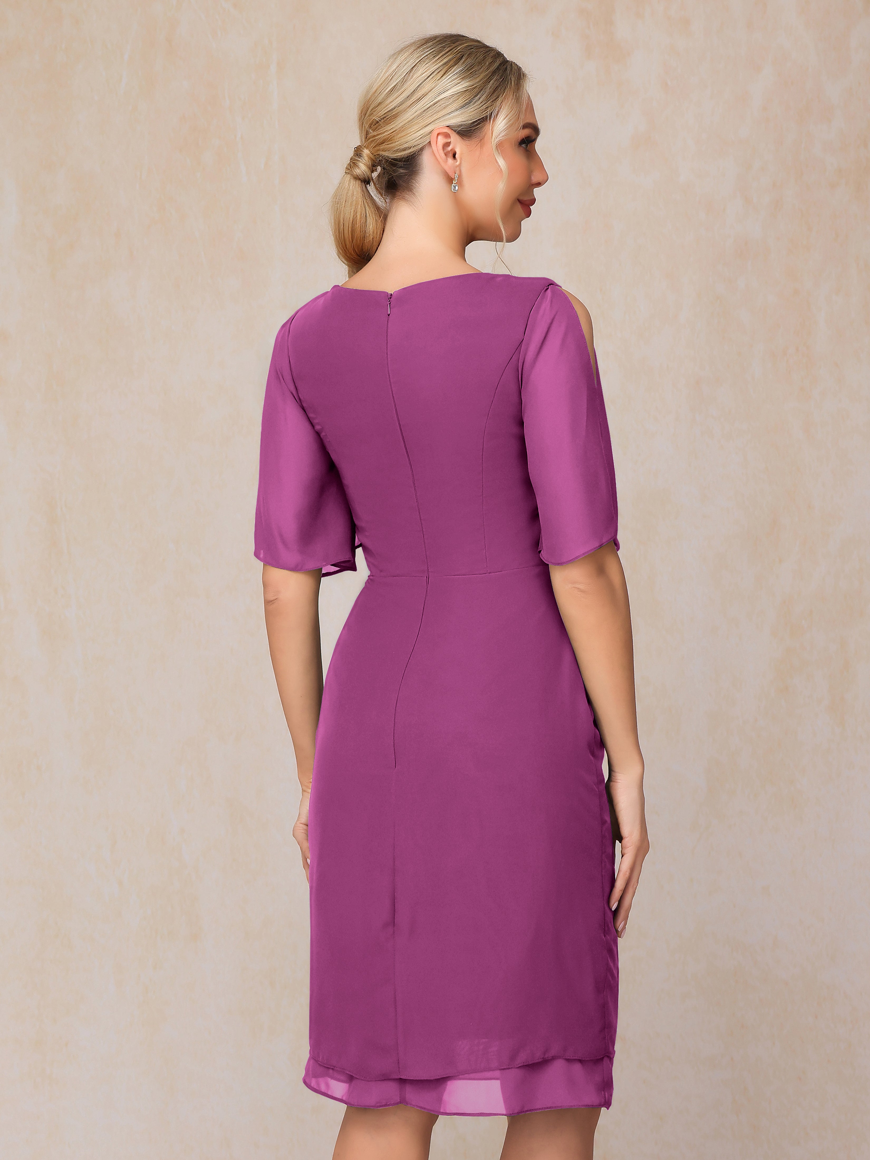 Short Sleeves Beading Knee Length Chiffon Mother Of The Groom Dress