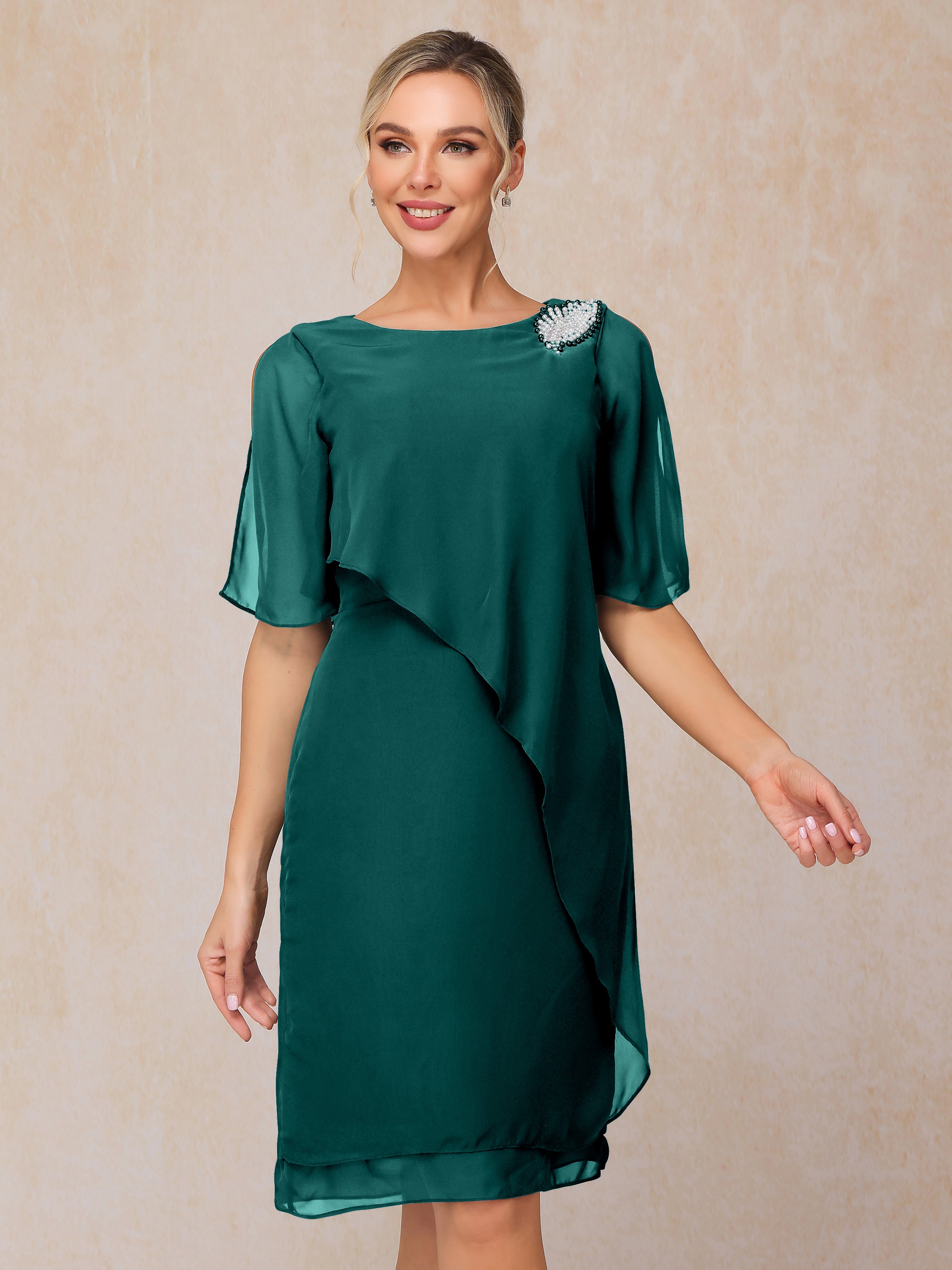 Short Sleeves Beading Knee Length Chiffon Mother Of The Groom Dress