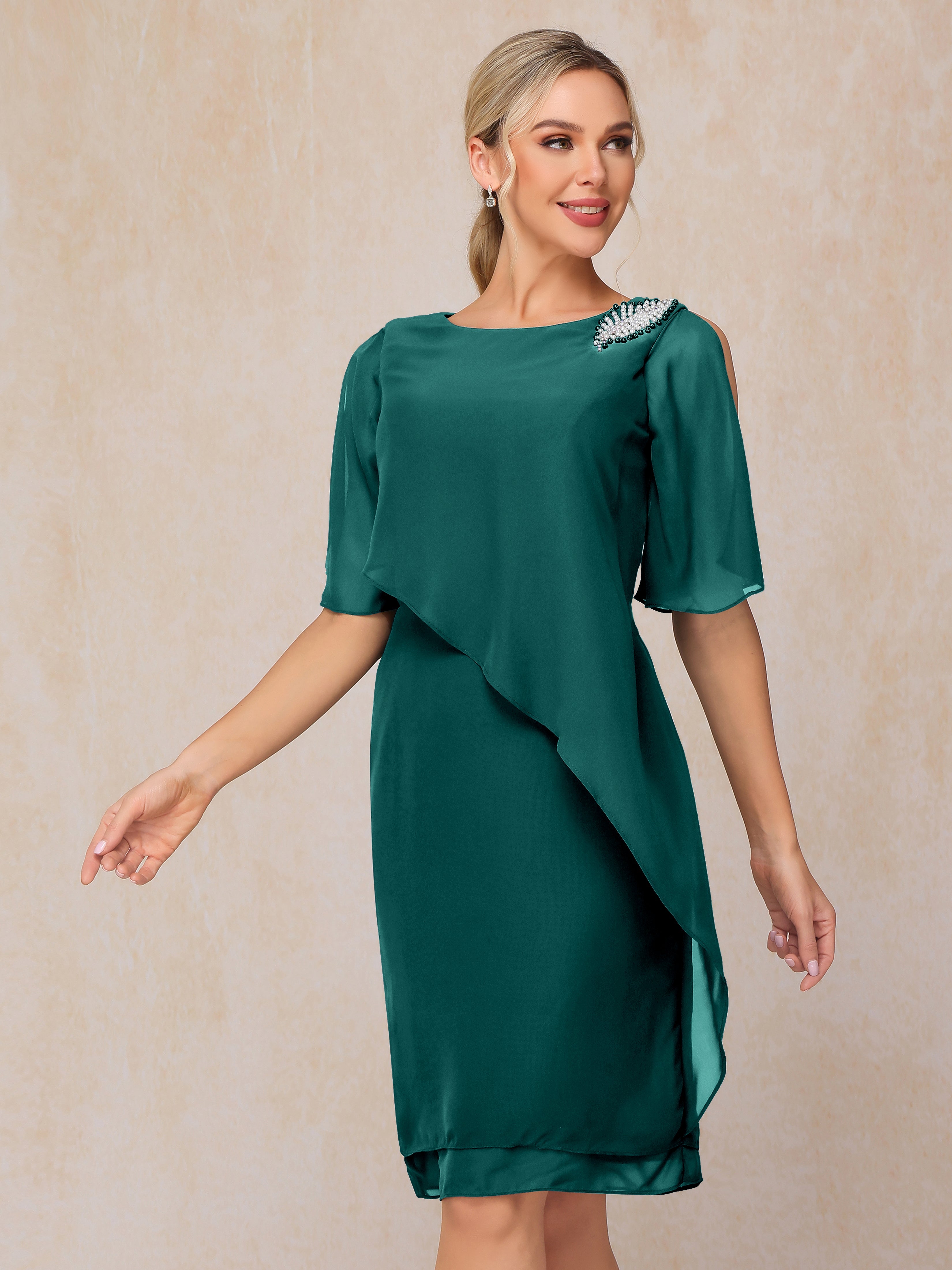 Short Sleeves Beading Knee Length Chiffon Mother Of The Groom Dress