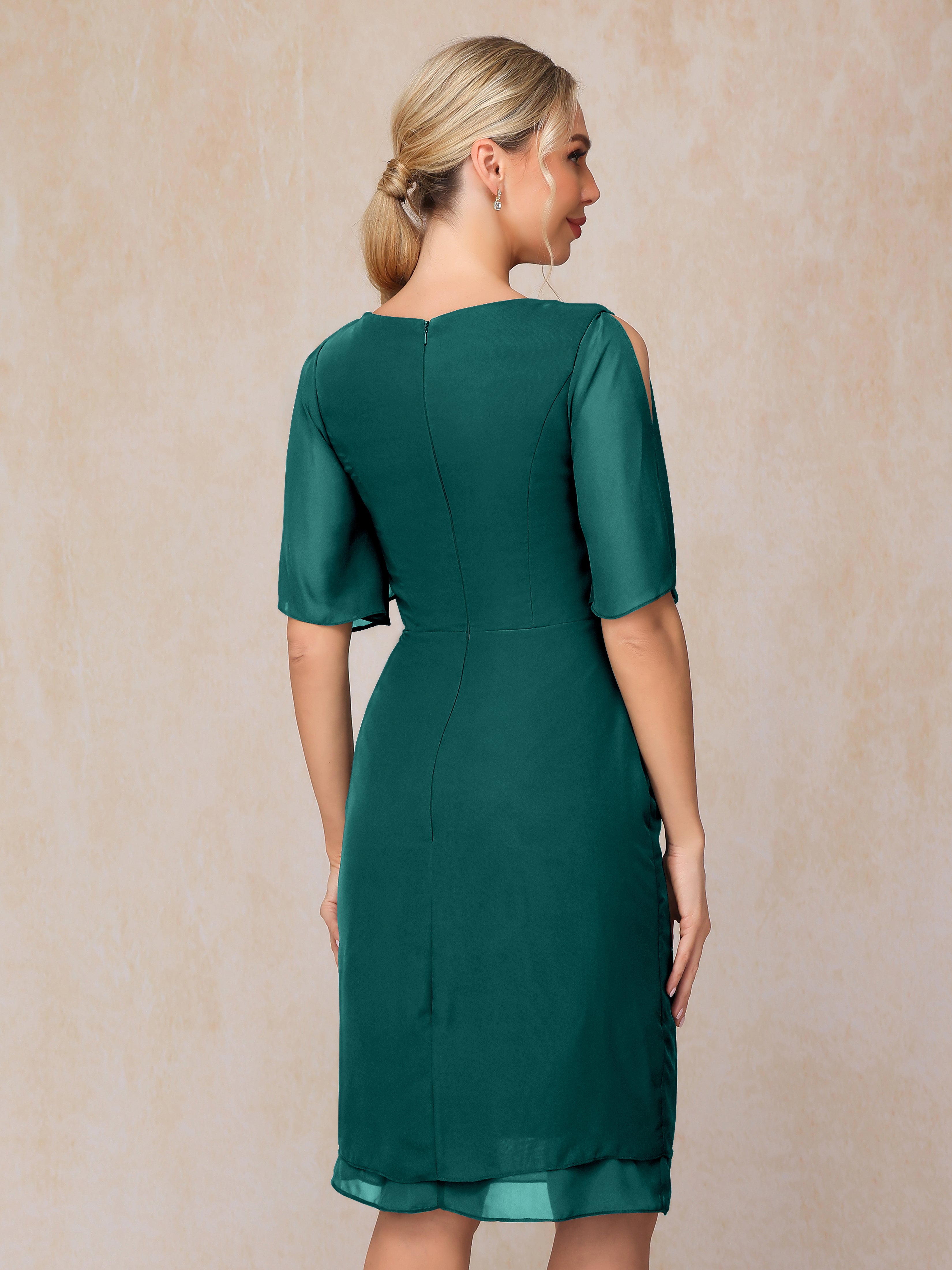 Short Sleeves Beading Knee Length Chiffon Mother Of The Groom Dress