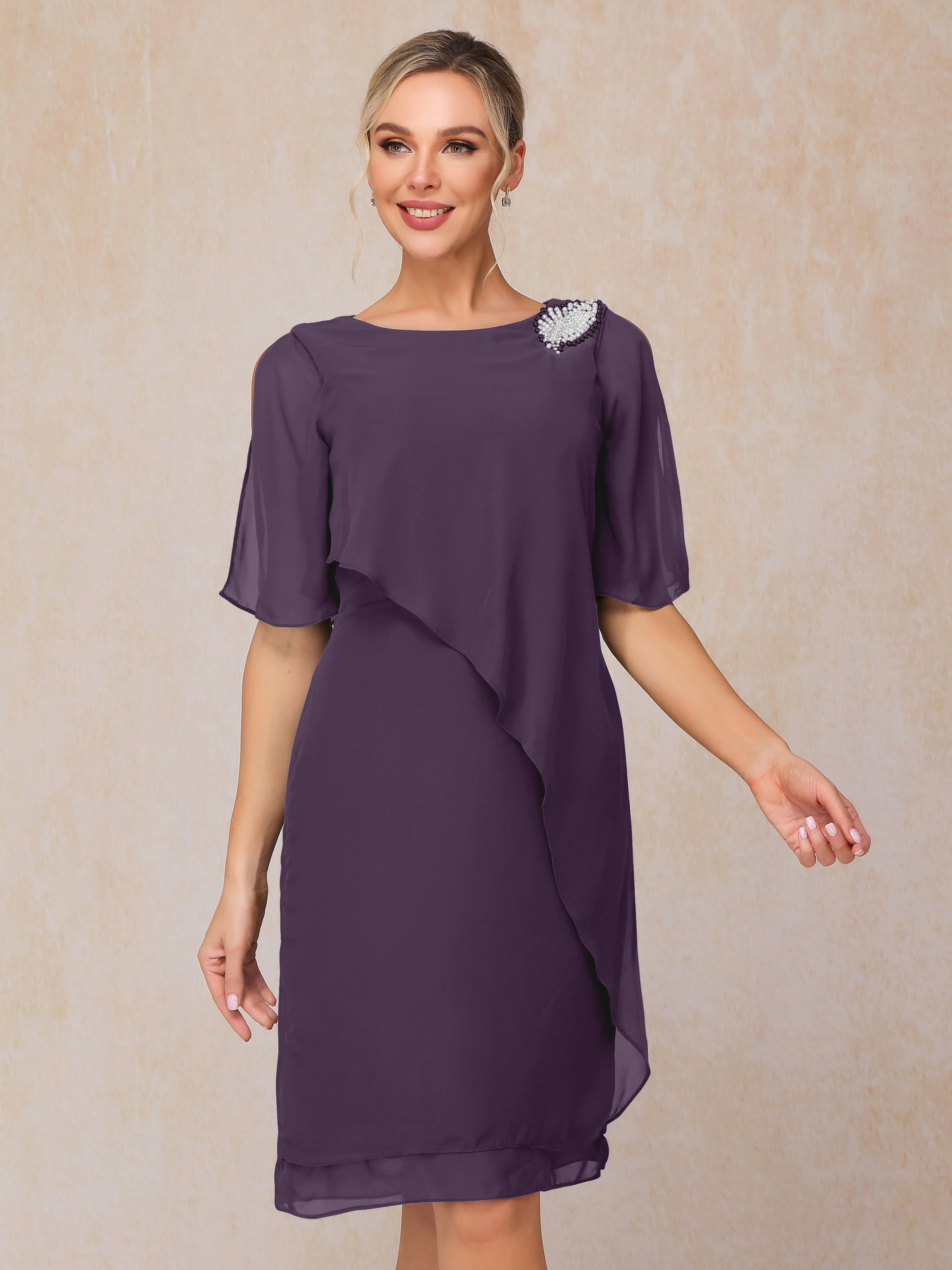 Short Sleeves Beading Knee Length Chiffon Mother Of The Groom Dress