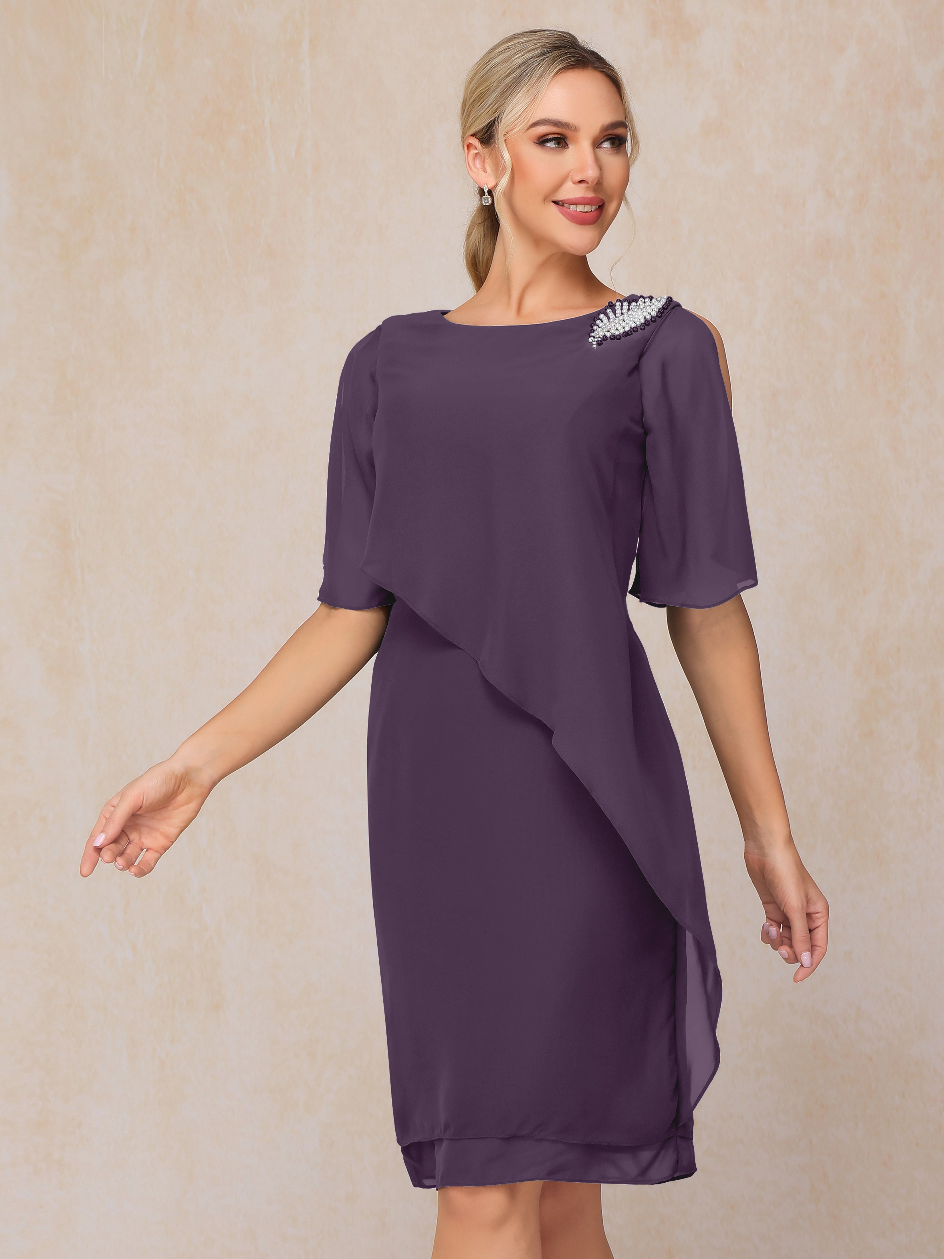 Short Sleeves Beading Knee Length Chiffon Mother Of The Groom Dress