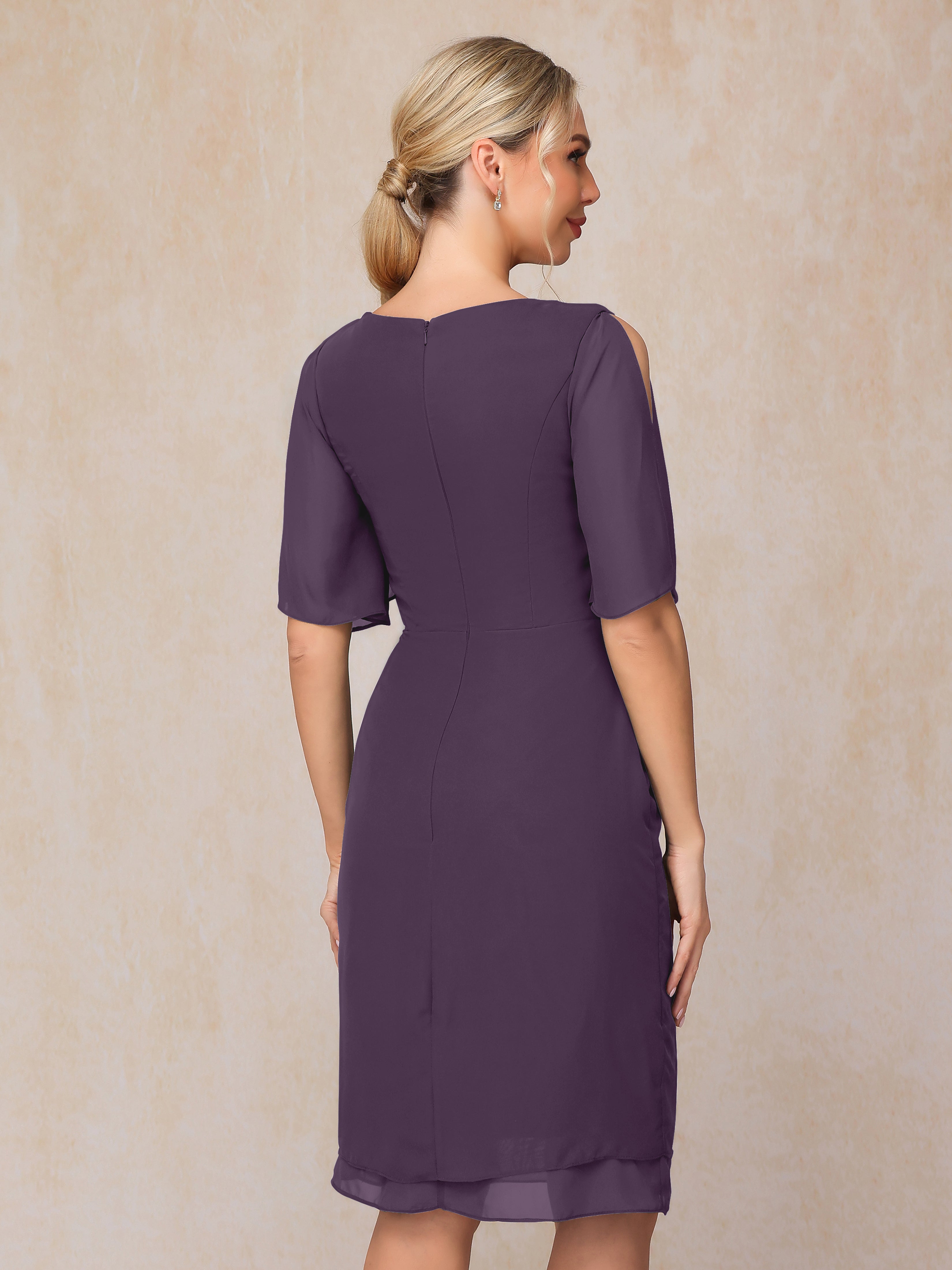 Short Sleeves Beading Knee Length Chiffon Mother Of The Groom Dress