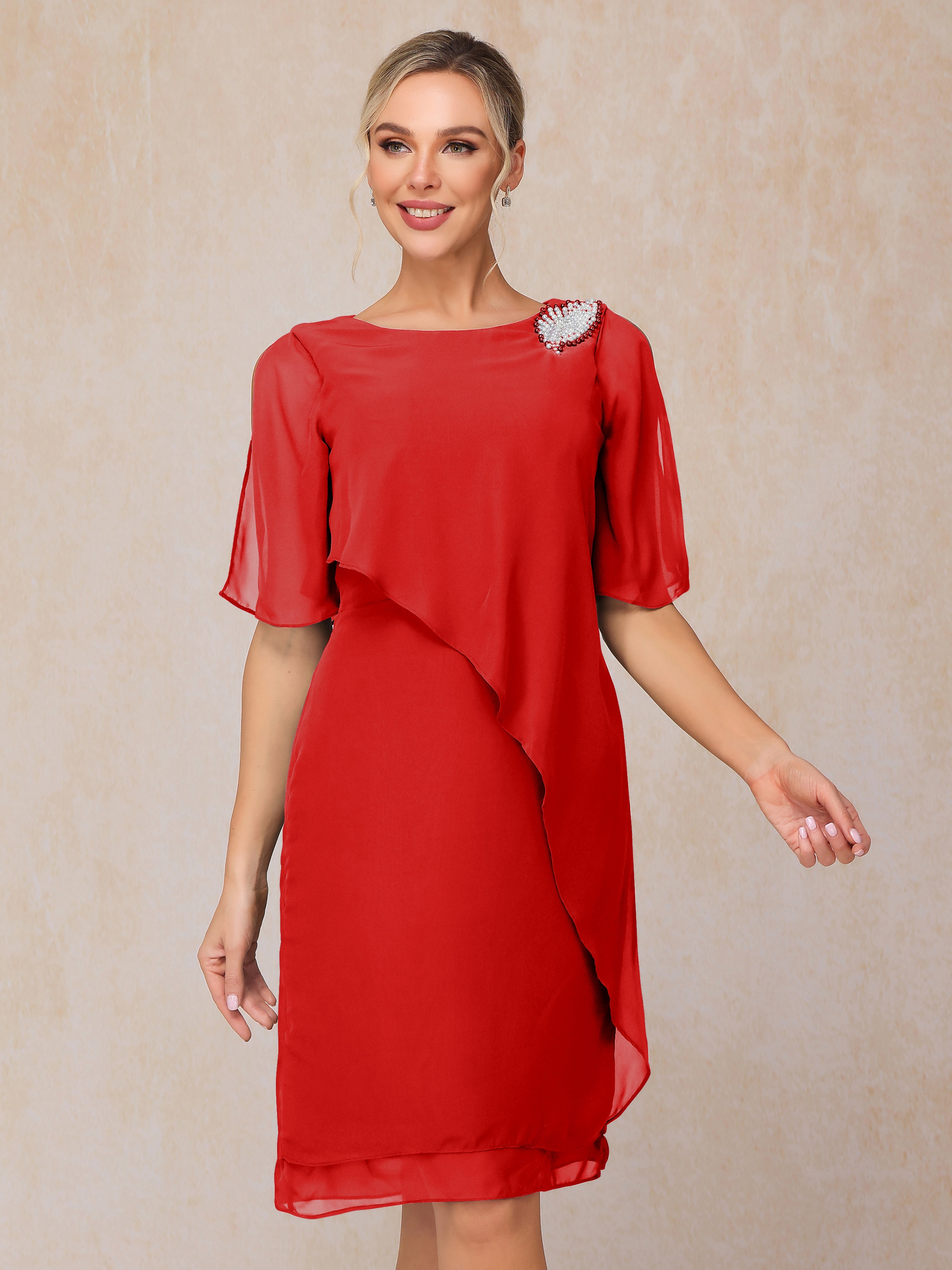 Short Sleeves Beading Knee Length Chiffon Mother Of The Groom Dress