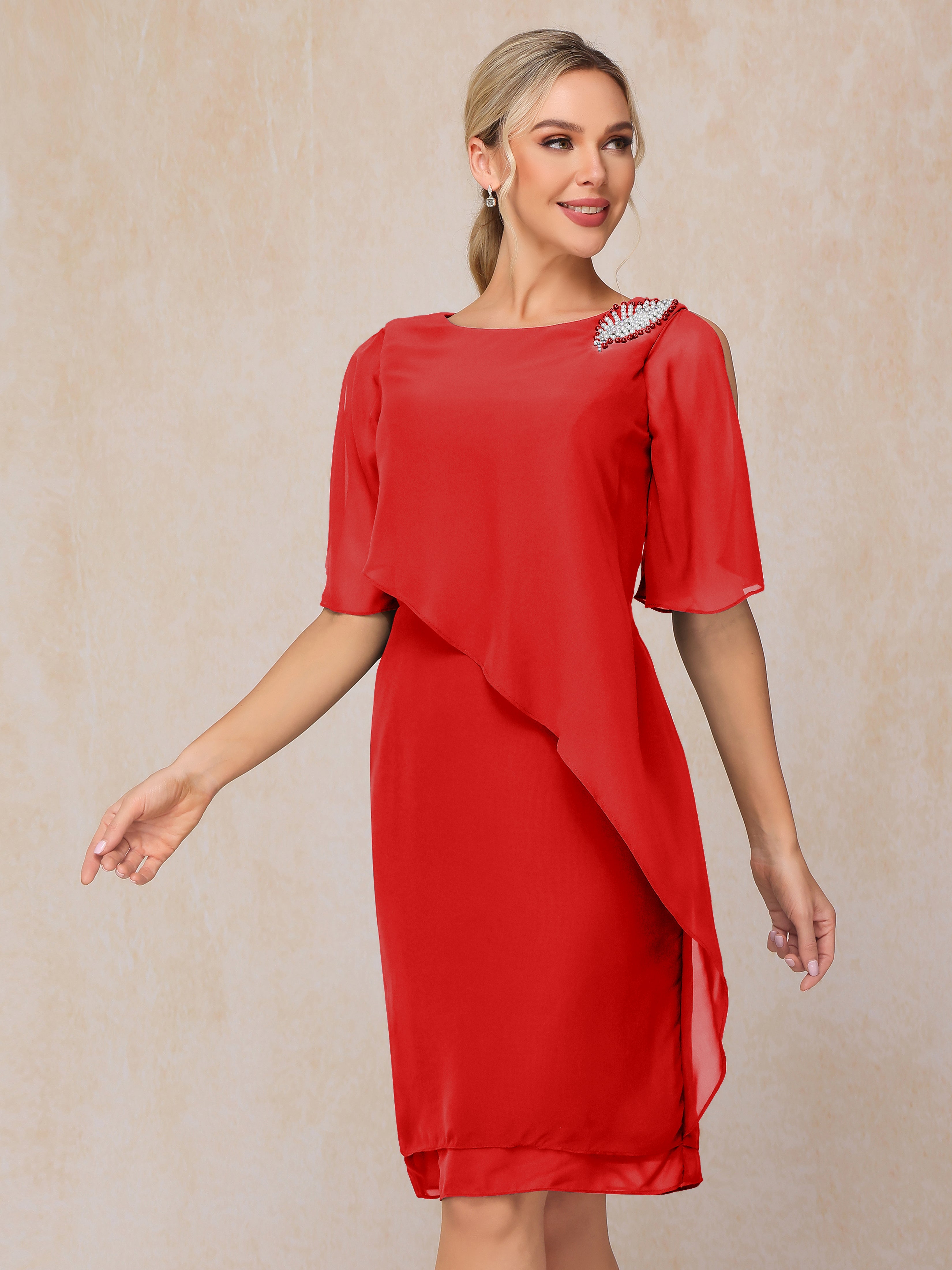 Short Sleeves Beading Knee Length Chiffon Mother Of The Groom Dress