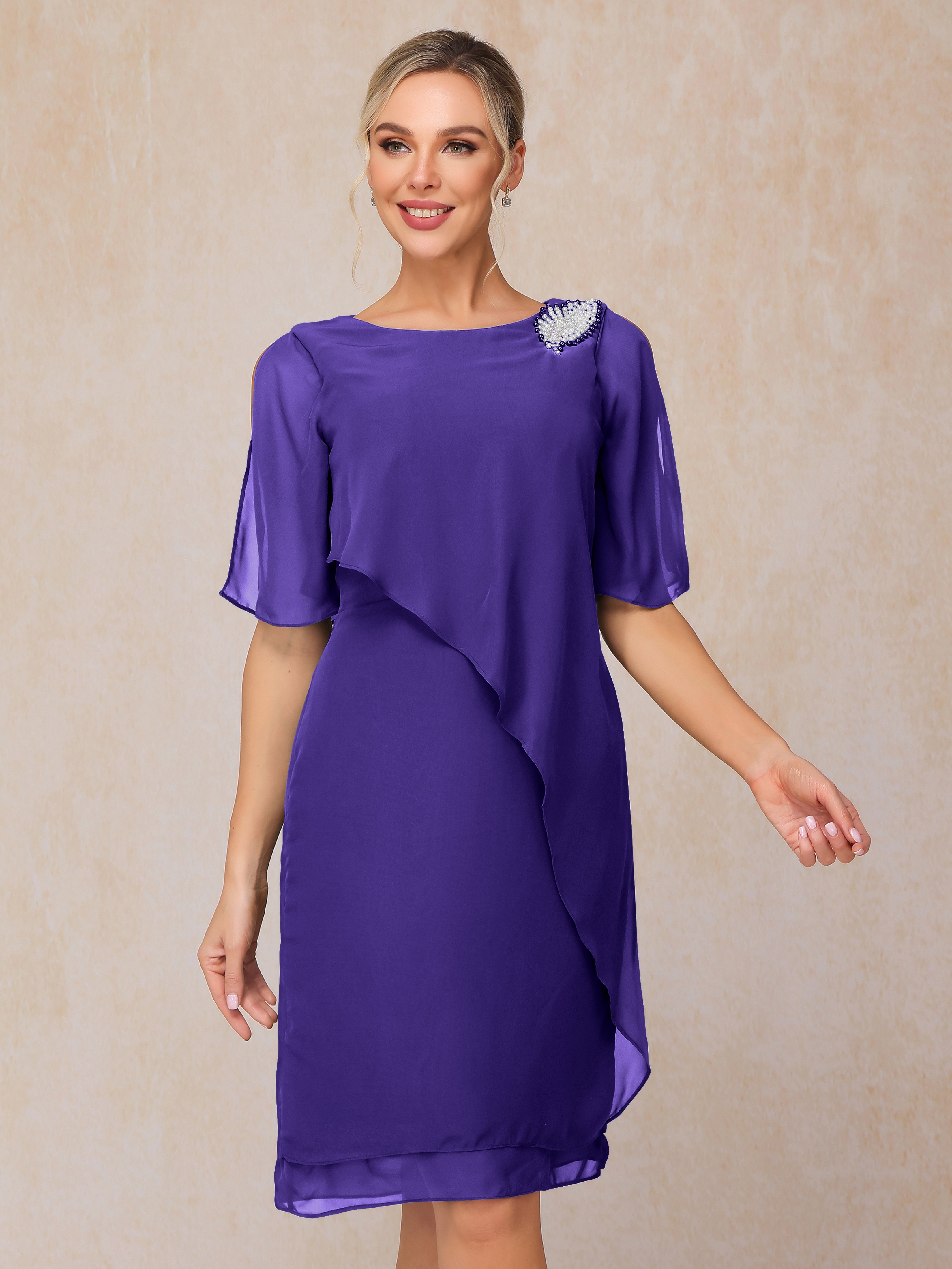 Short Sleeves Beading Knee Length Chiffon Mother Of The Groom Dress