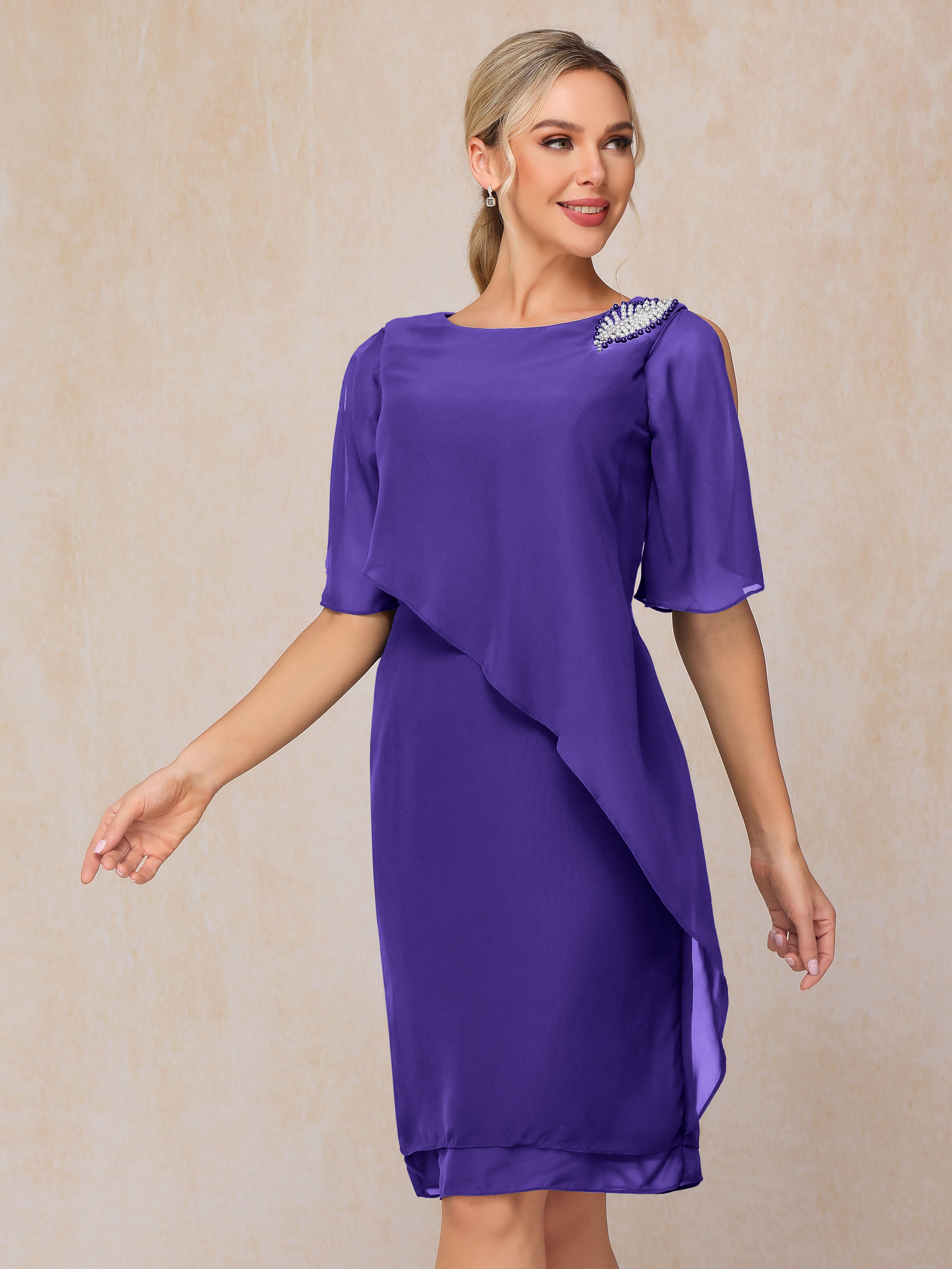 Short Sleeves Beading Knee Length Chiffon Mother Of The Groom Dress