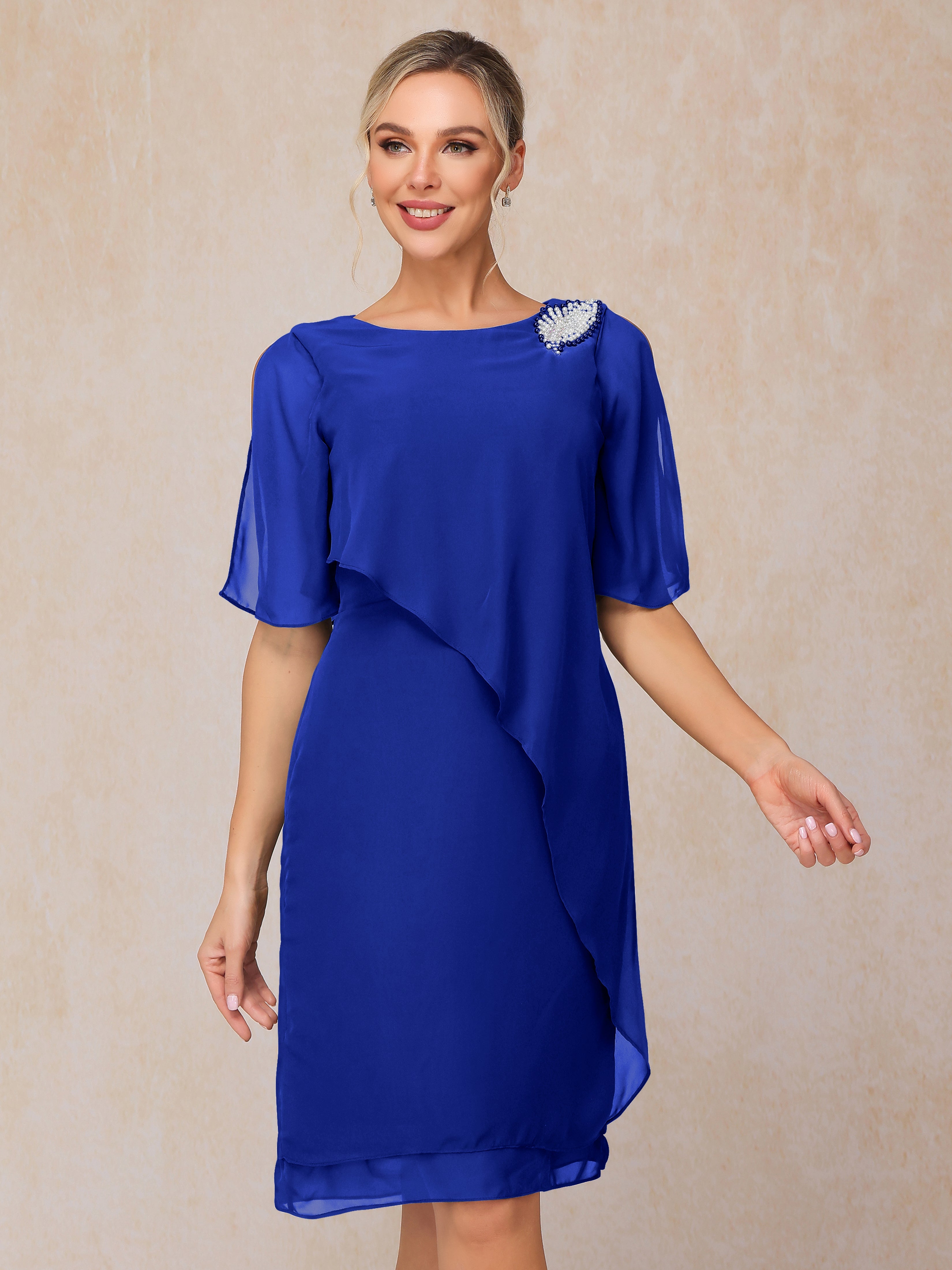 Short Sleeves Beading Knee Length Chiffon Mother Of The Groom Dress