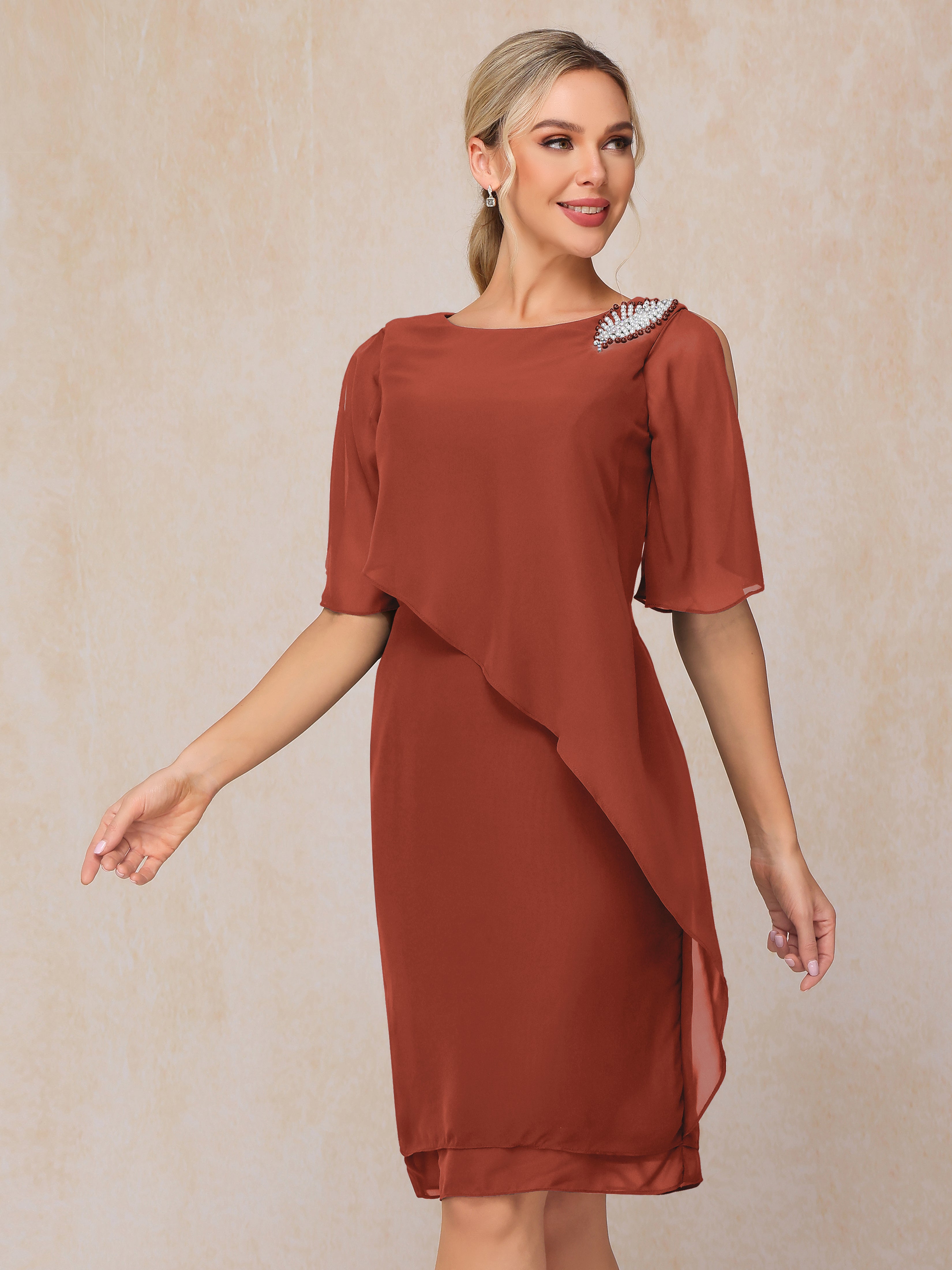 Short Sleeves Beading Knee Length Chiffon Mother Of The Groom Dress