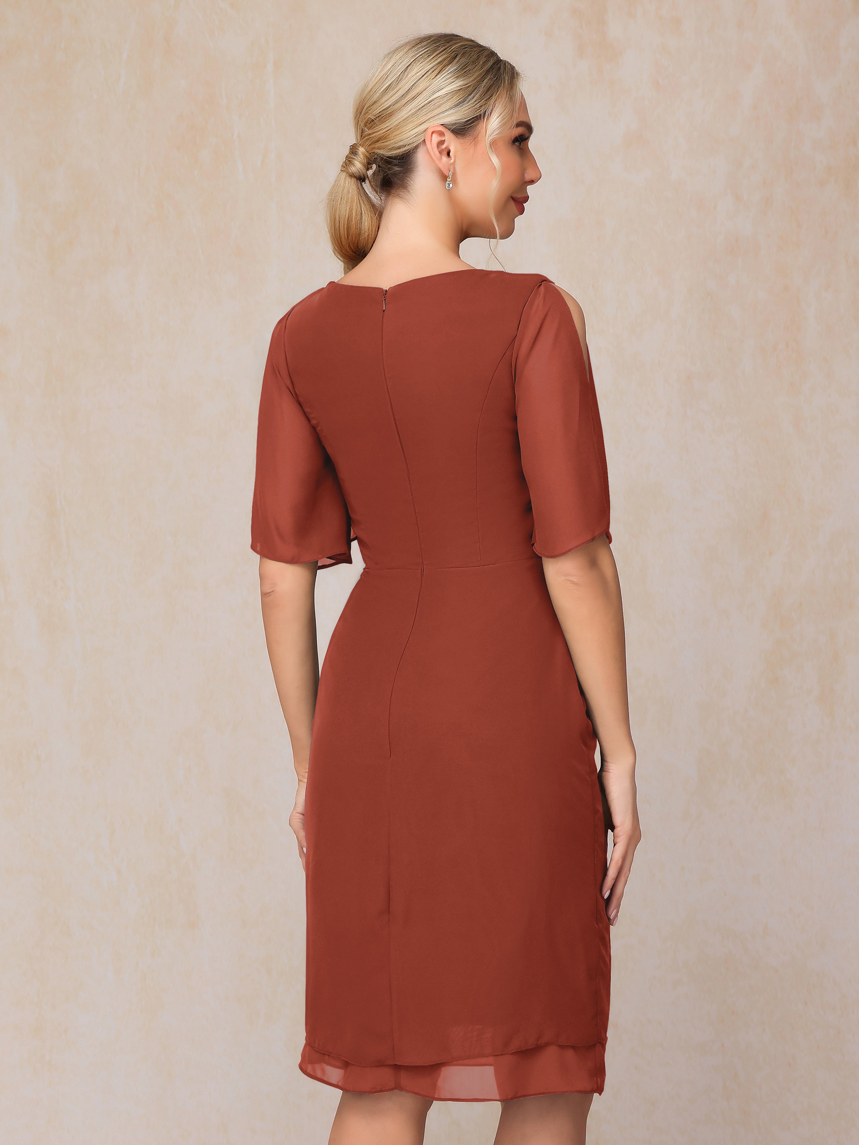 Short Sleeves Beading Knee Length Chiffon Mother Of The Groom Dress