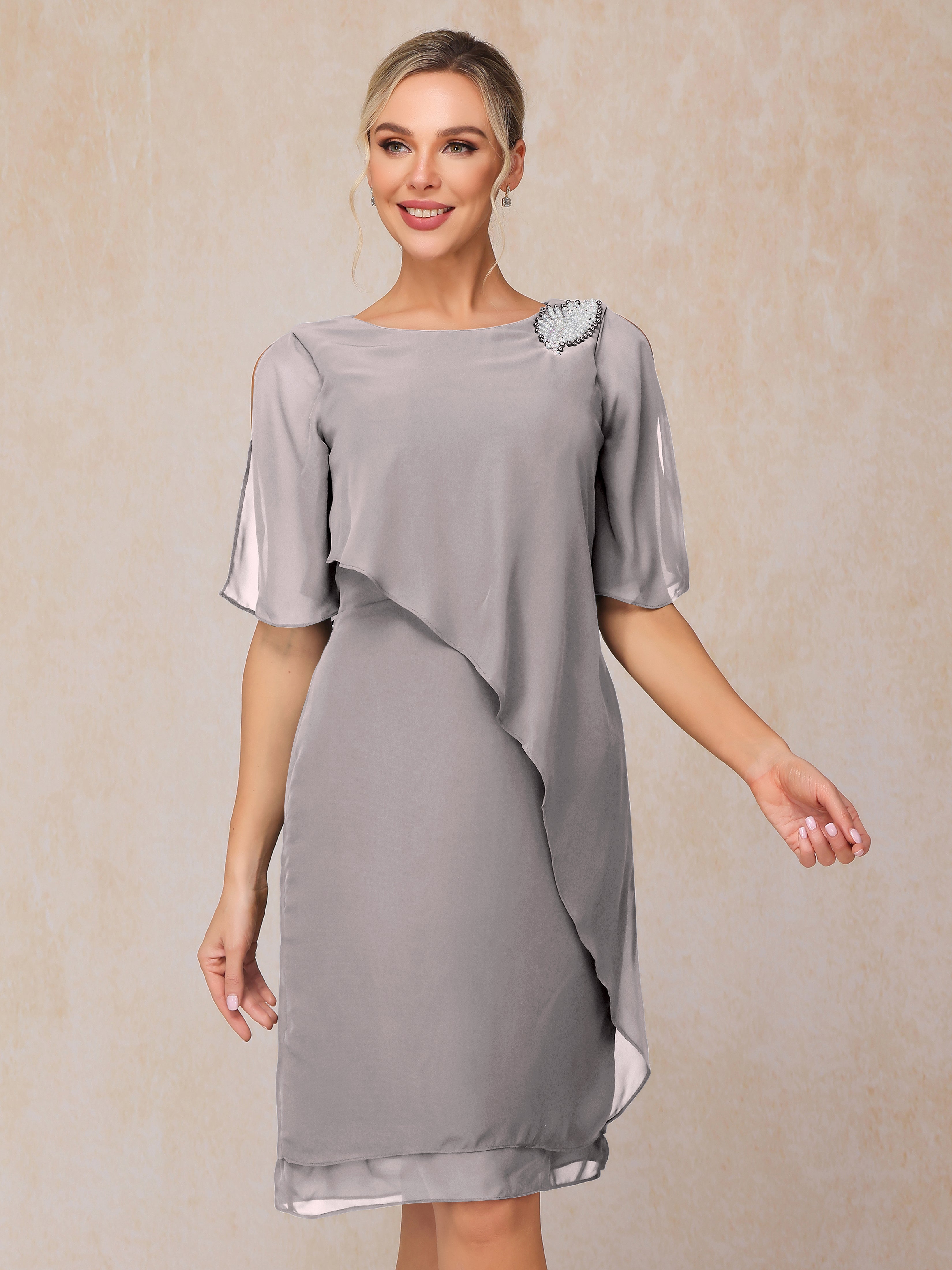 Short Sleeves Beading Knee Length Chiffon Mother Of The Bride Dress