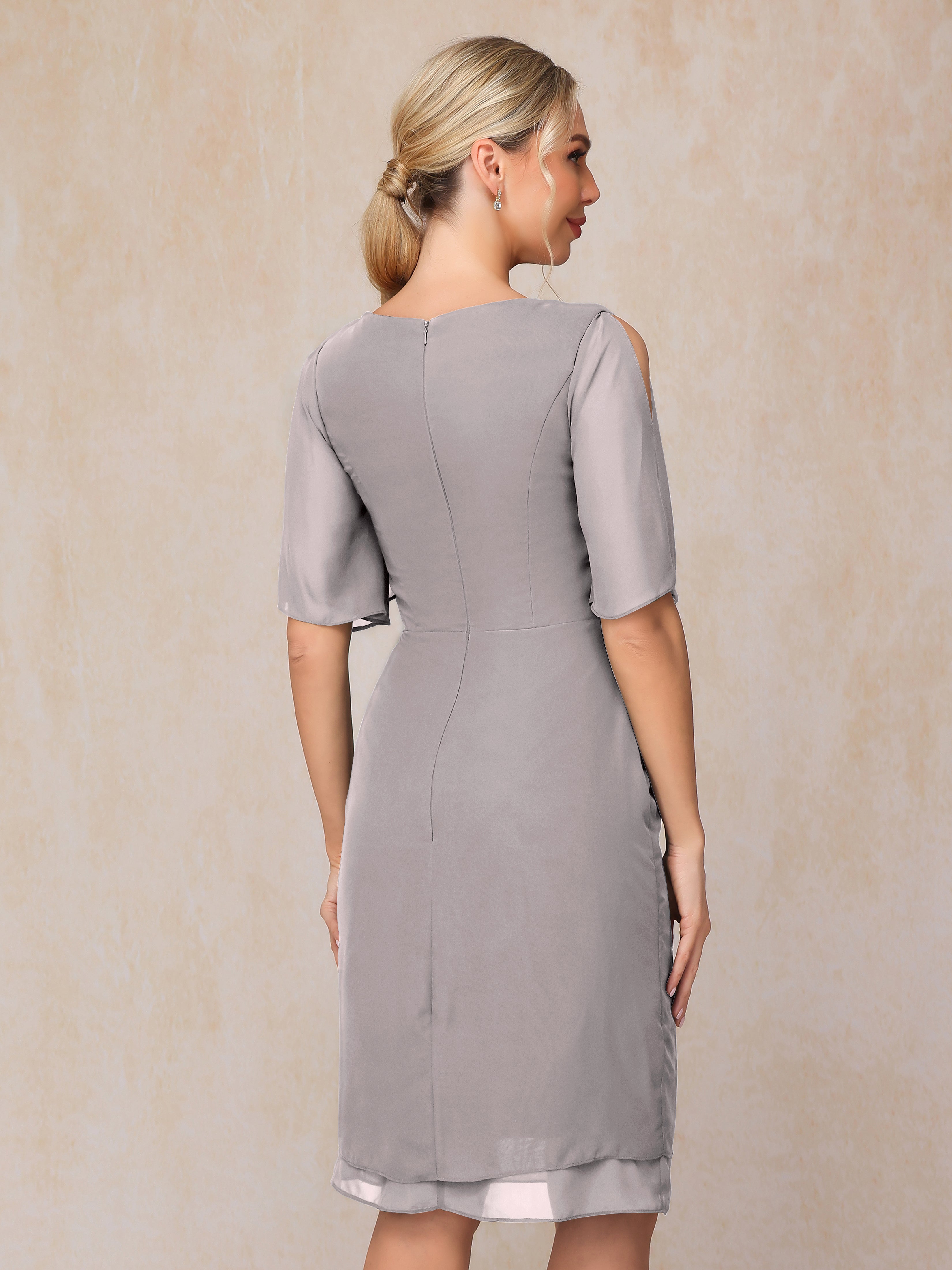 Short Sleeves Beading Knee Length Chiffon Mother Of The Bride Dress