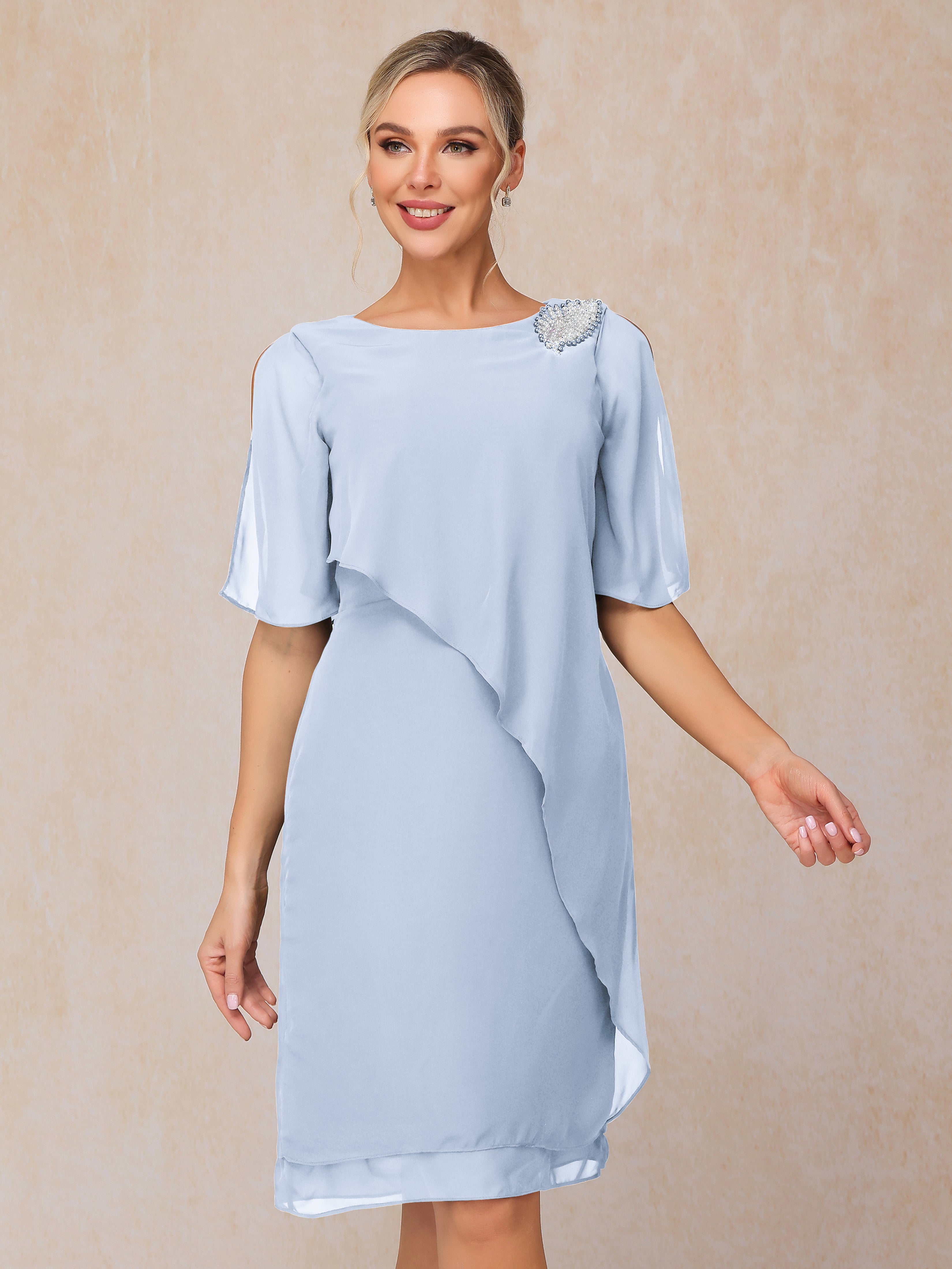 Short Sleeves Beading Knee Length Chiffon Mother Of The Groom Dress