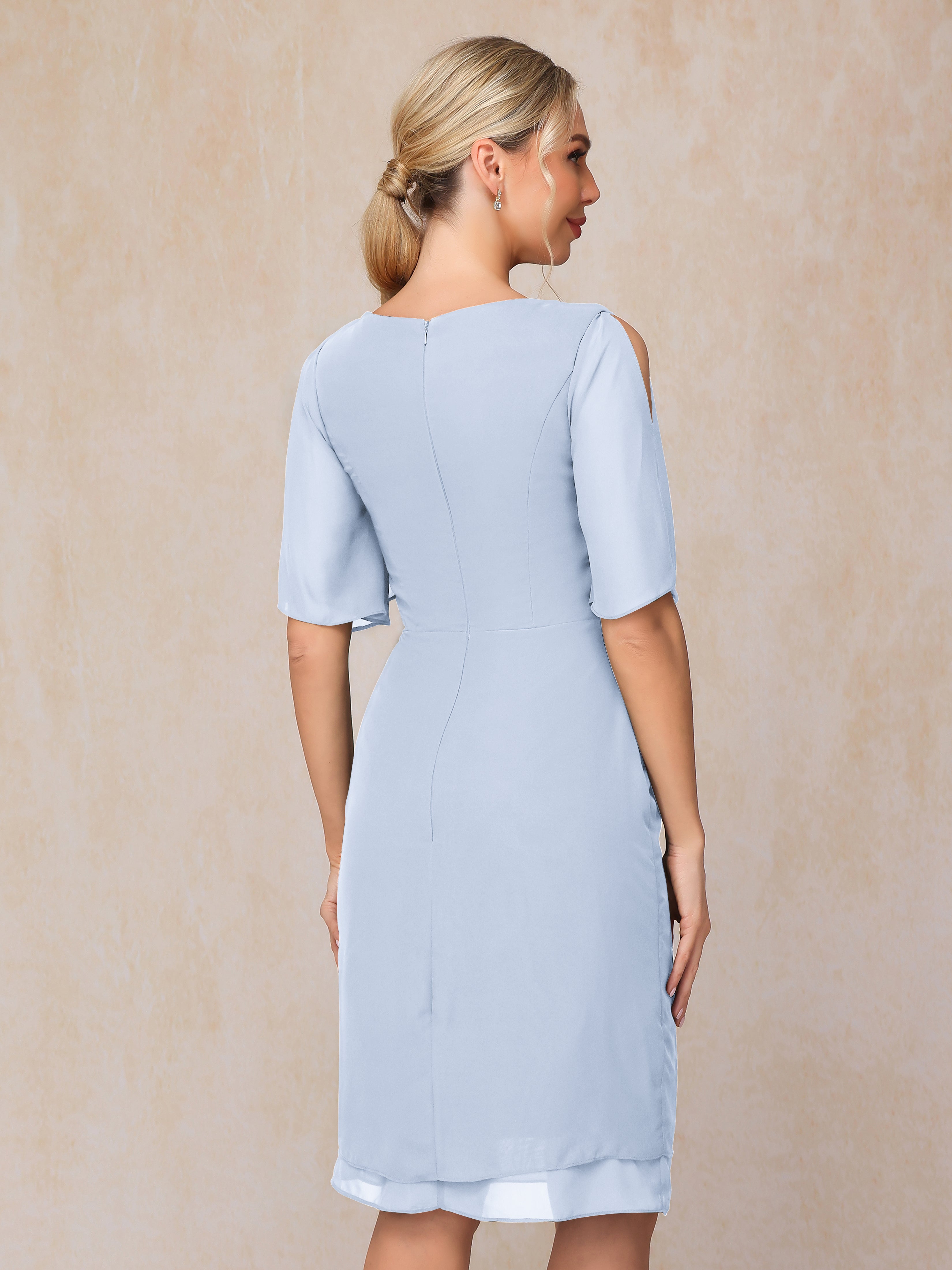 Short Sleeves Beading Knee Length Chiffon Mother Of The Groom Dress