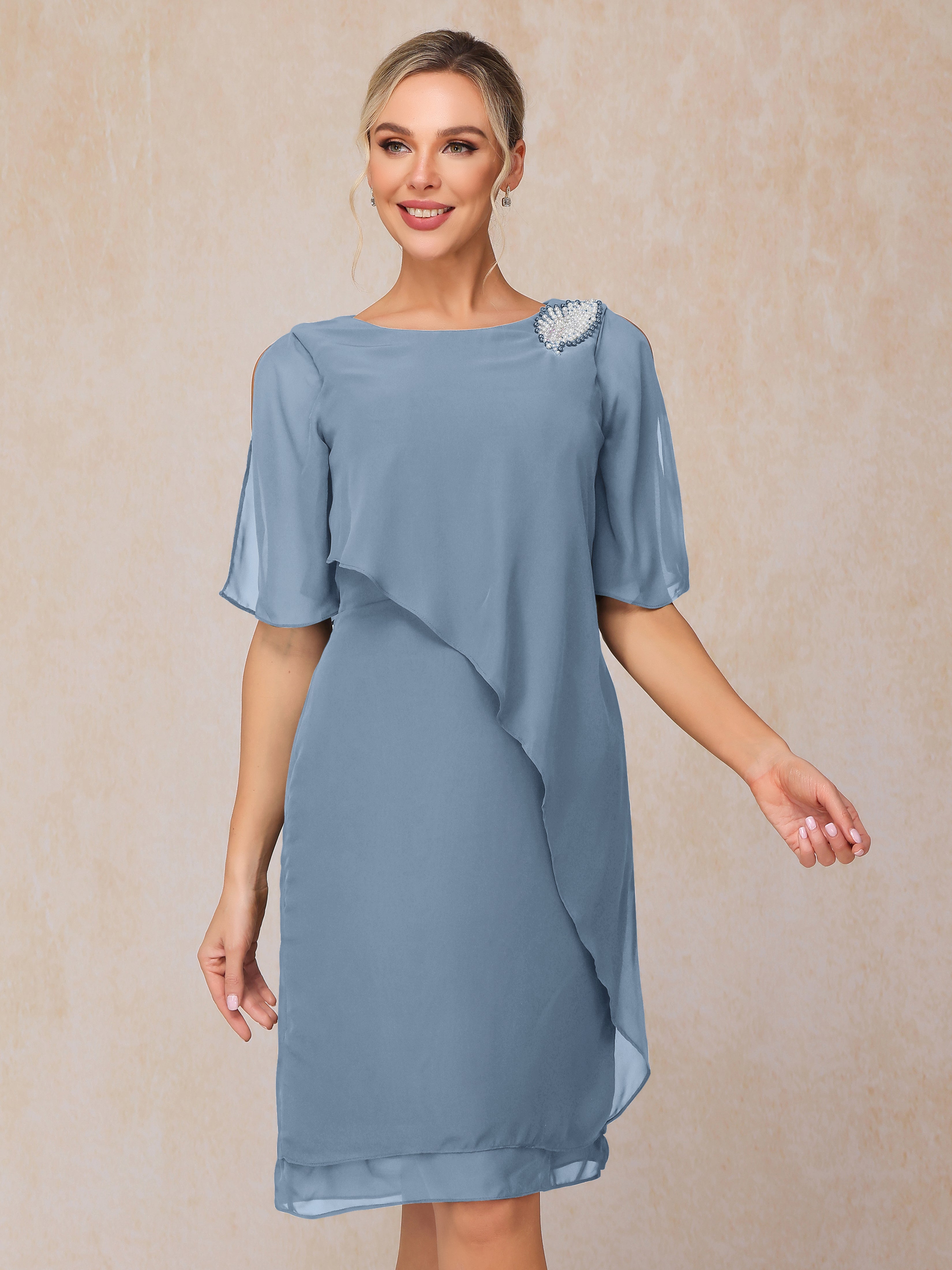 Short Sleeves Beading Knee Length Chiffon Mother Of The Groom Dress