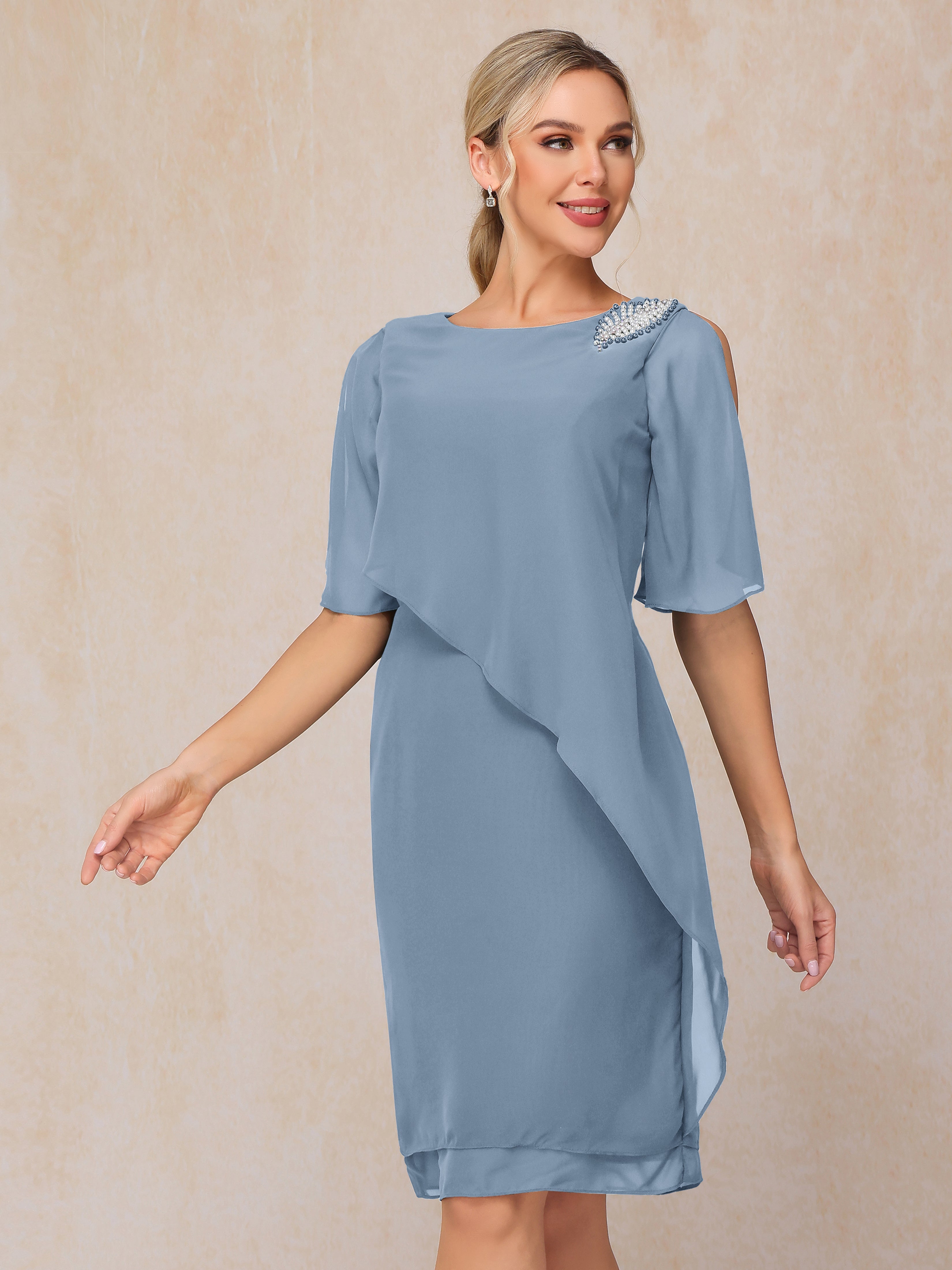 Short Sleeves Beading Knee Length Chiffon Mother Of The Groom Dress