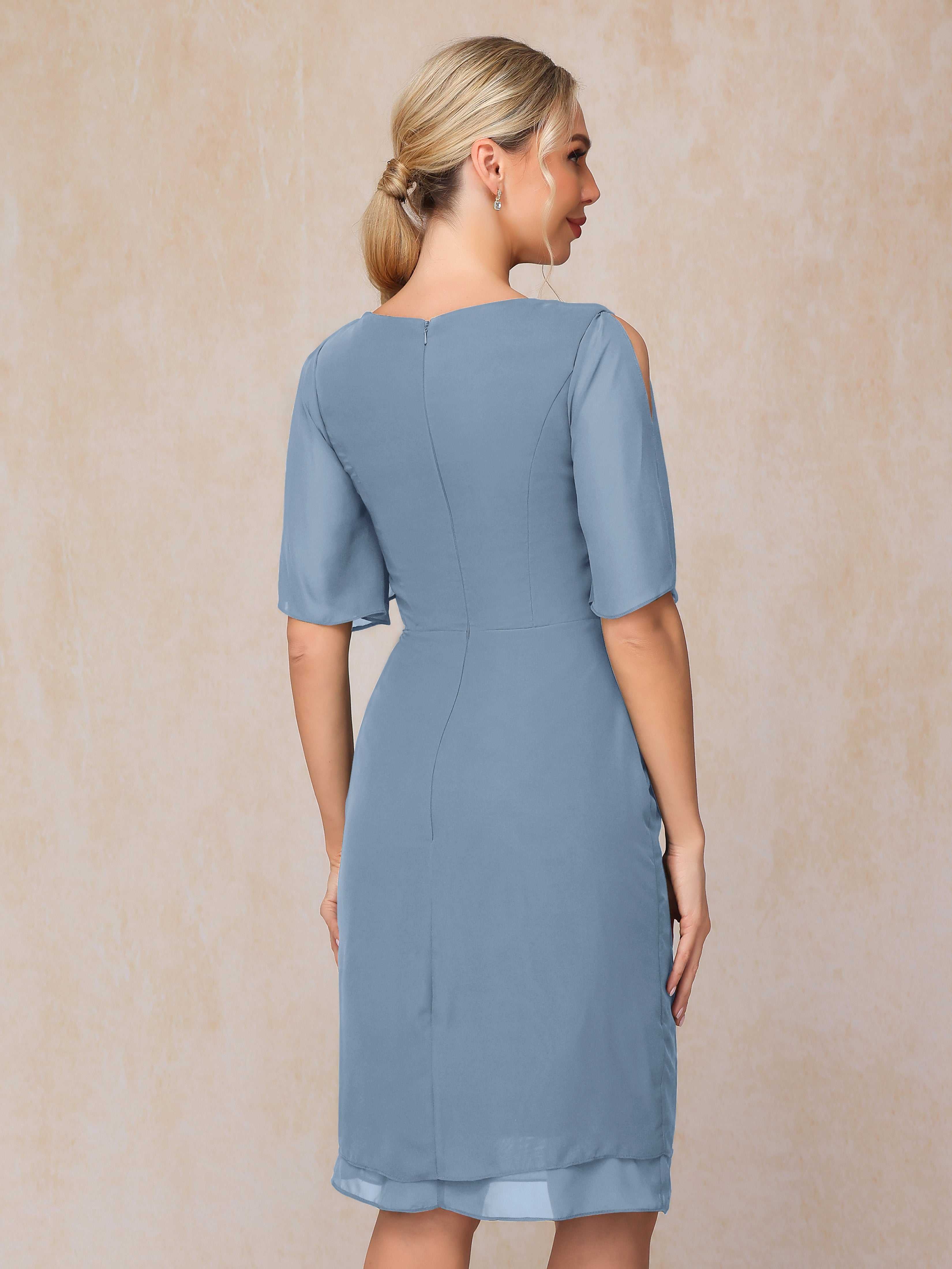 Short Sleeves Beading Knee Length Chiffon Mother Of The Groom Dress