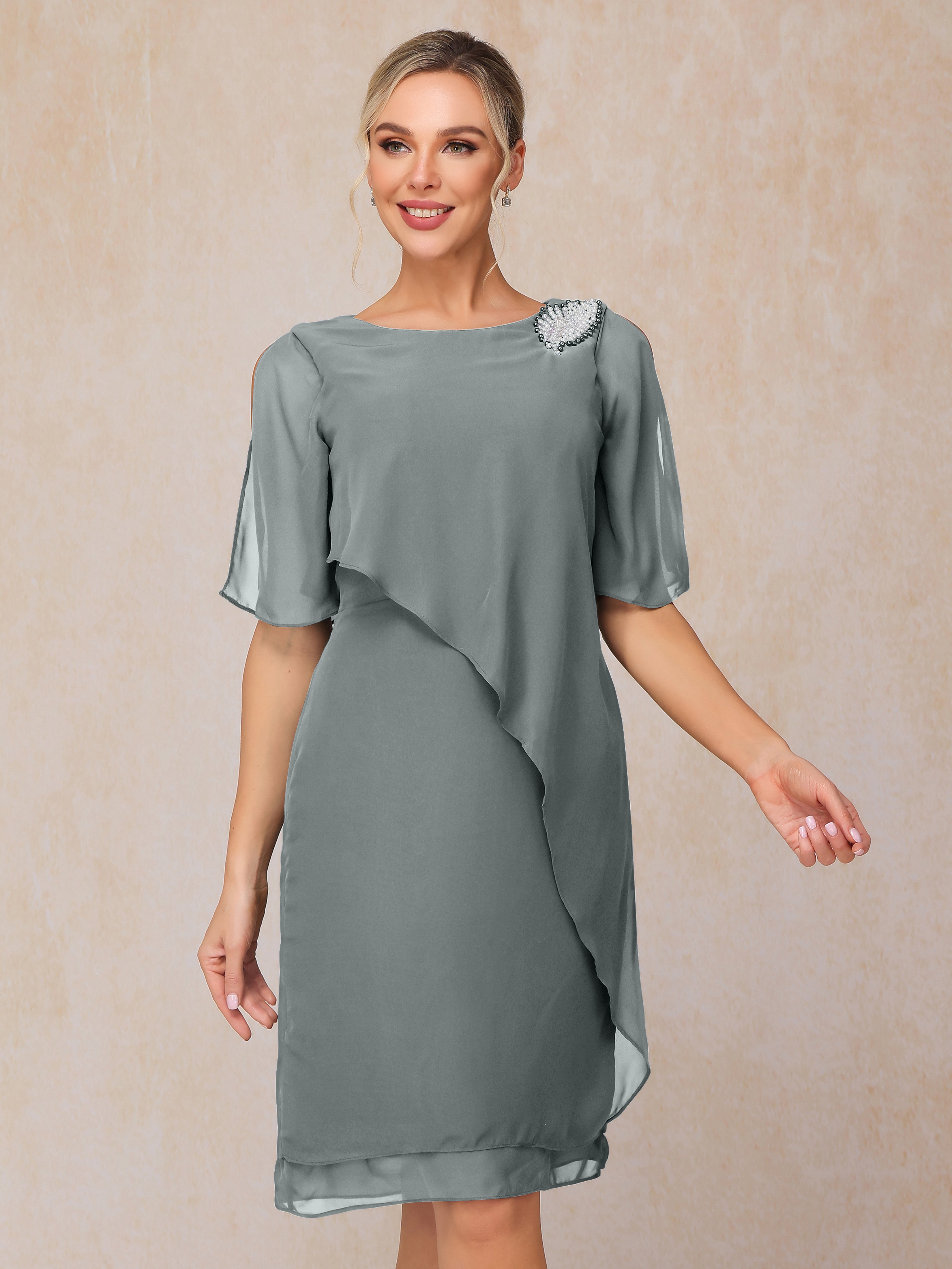 Short Sleeves Beading Knee Length Chiffon Mother Of The Groom Dress
