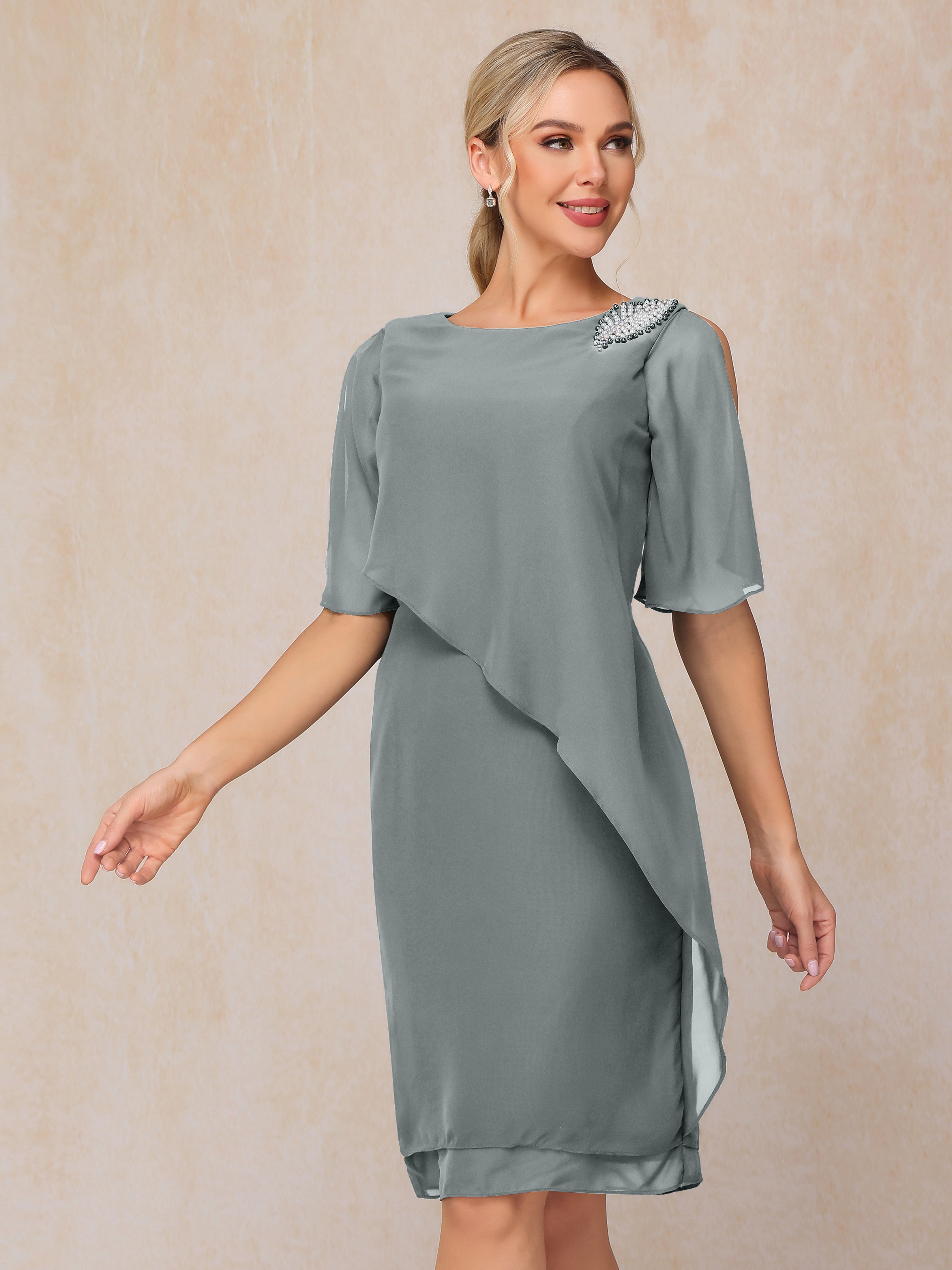 Short Sleeves Beading Knee Length Chiffon Mother Of The Groom Dress