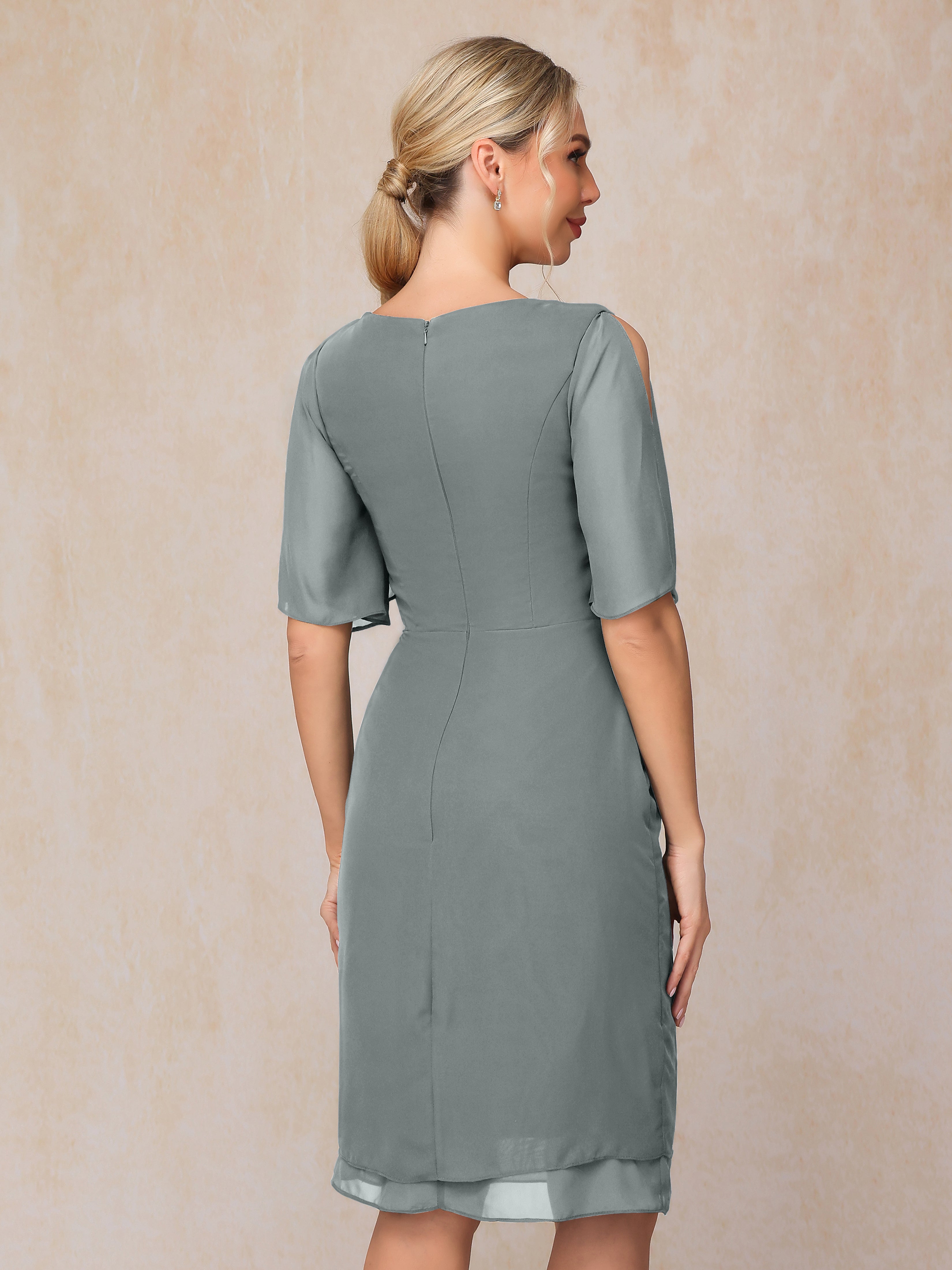 Short Sleeves Beading Knee Length Chiffon Mother Of The Groom Dress