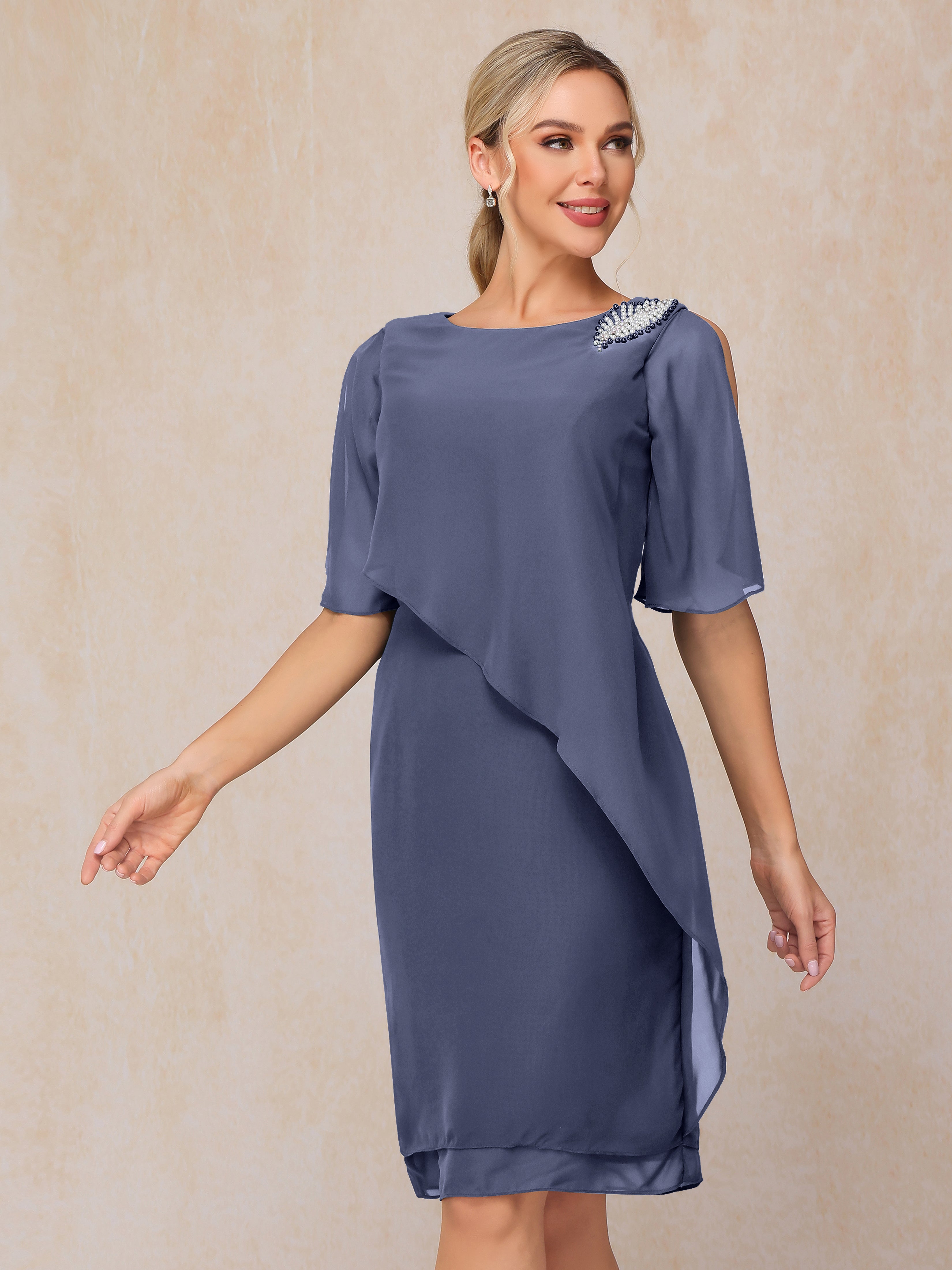 Short Sleeves Beading Knee Length Chiffon Mother Of The Groom Dress