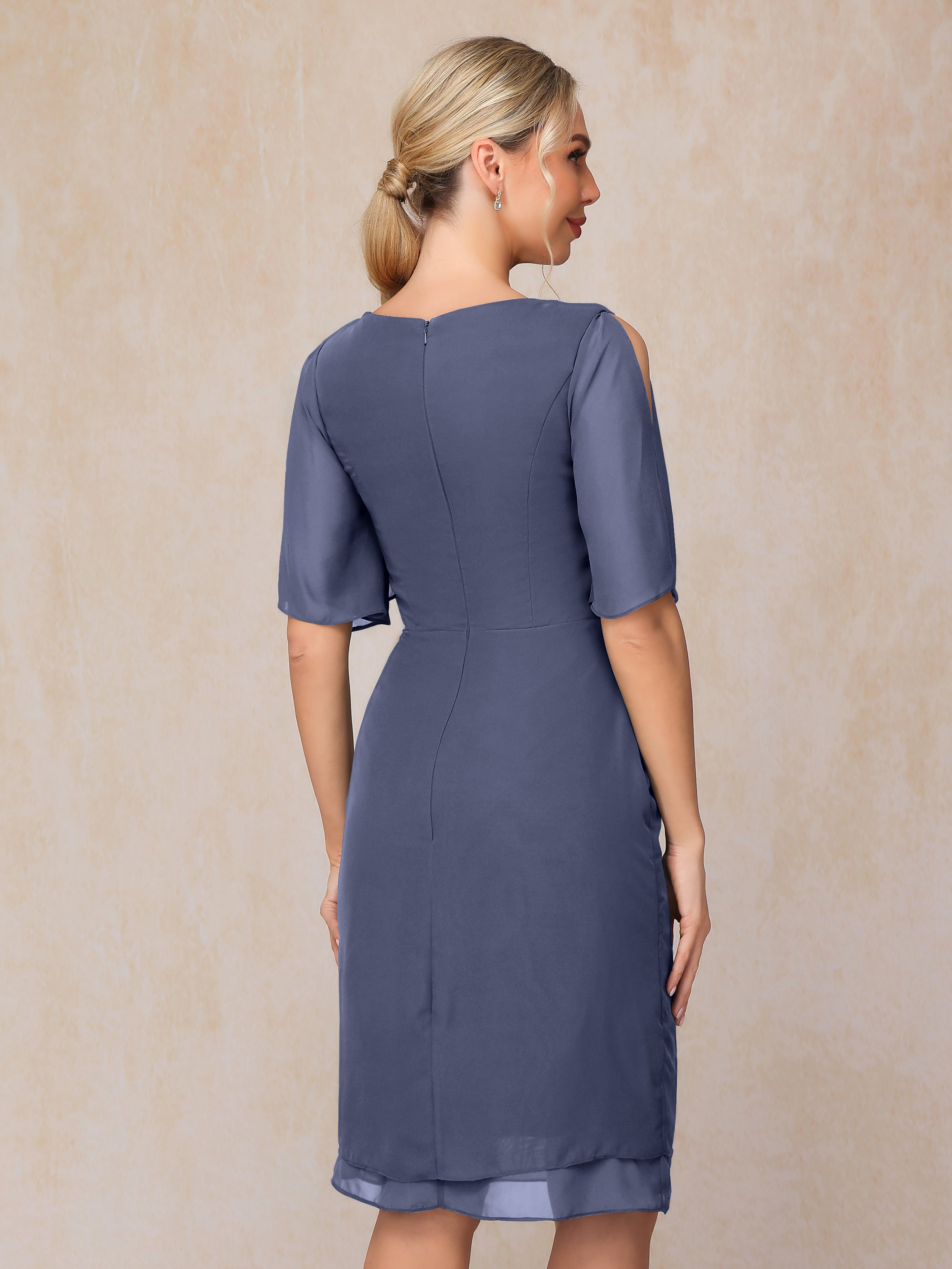 Short Sleeves Beading Knee Length Chiffon Mother Of The Groom Dress