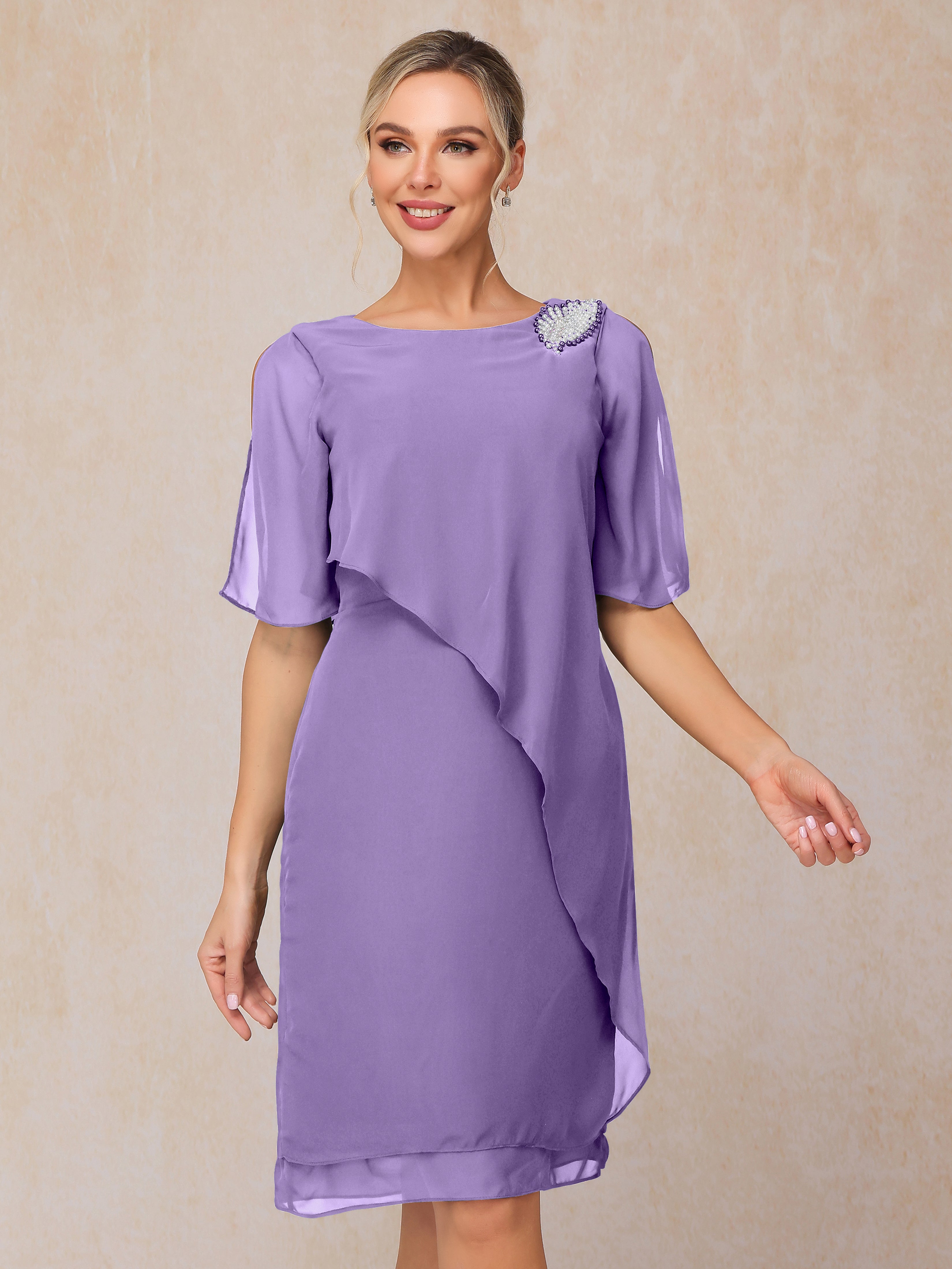 Short Sleeves Beading Knee Length Chiffon Mother Of The Groom Dress