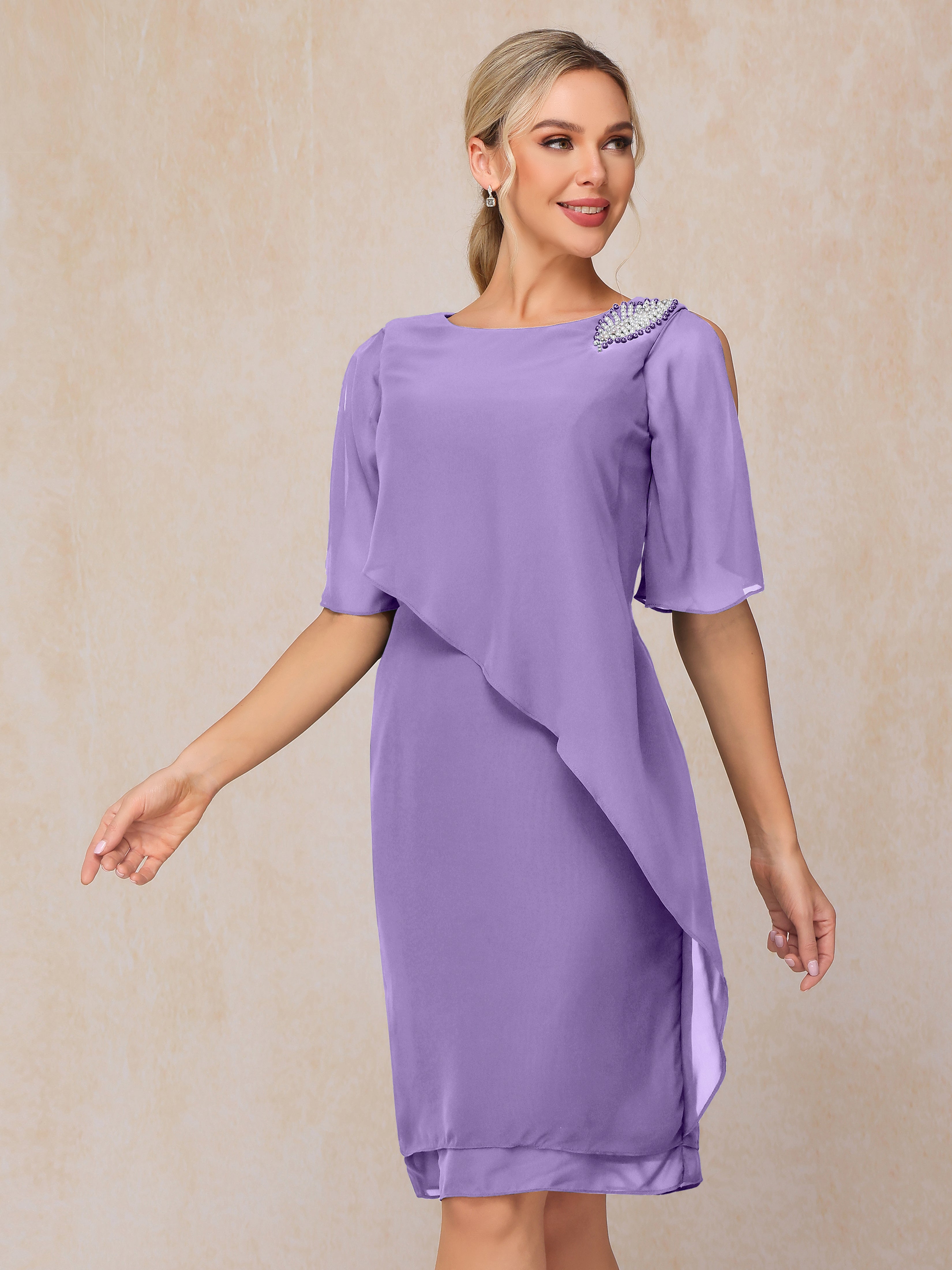 Short Sleeves Beading Knee Length Chiffon Mother Of The Bride Dress