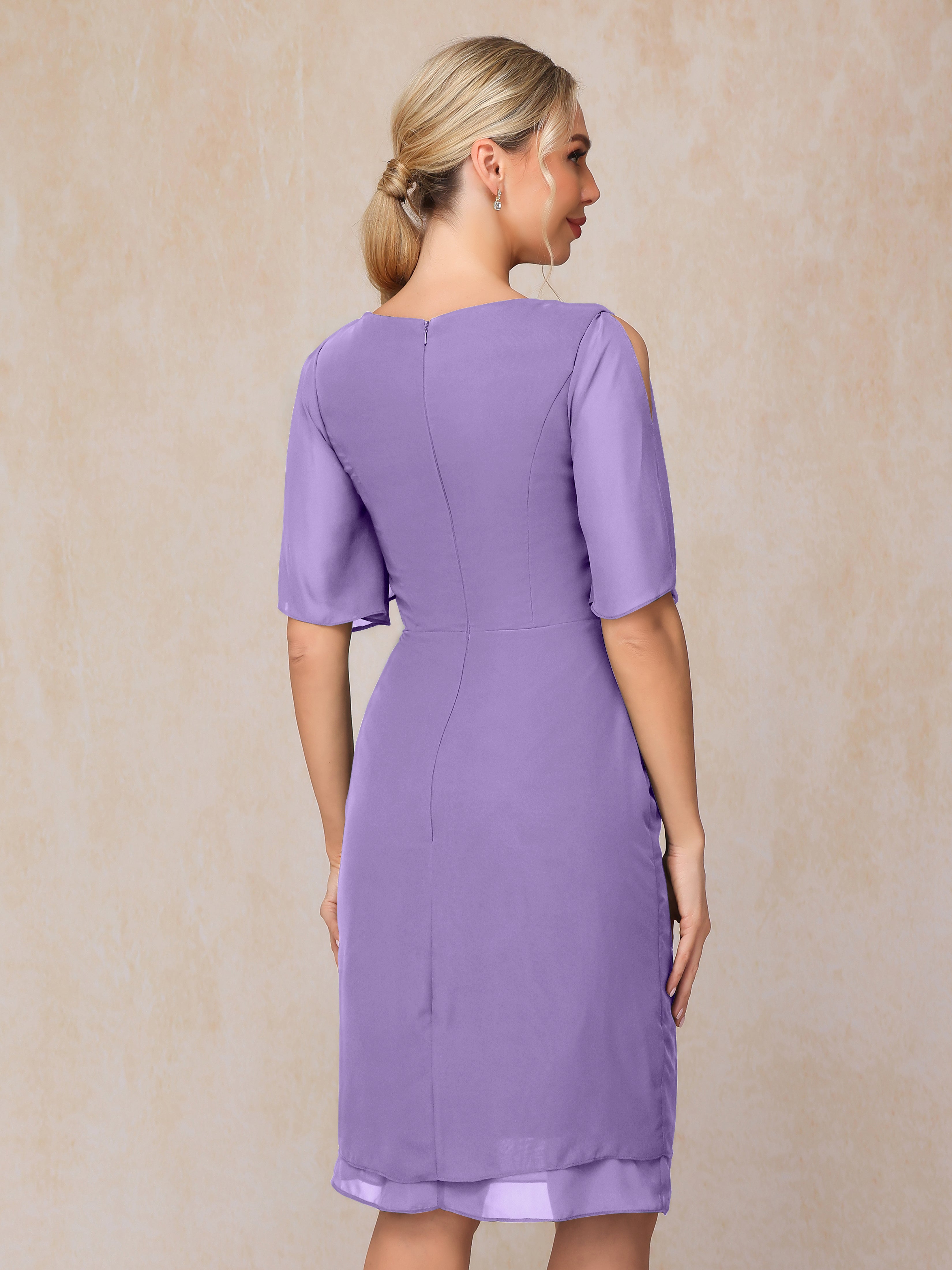 Short Sleeves Beading Knee Length Chiffon Mother Of The Bride Dress