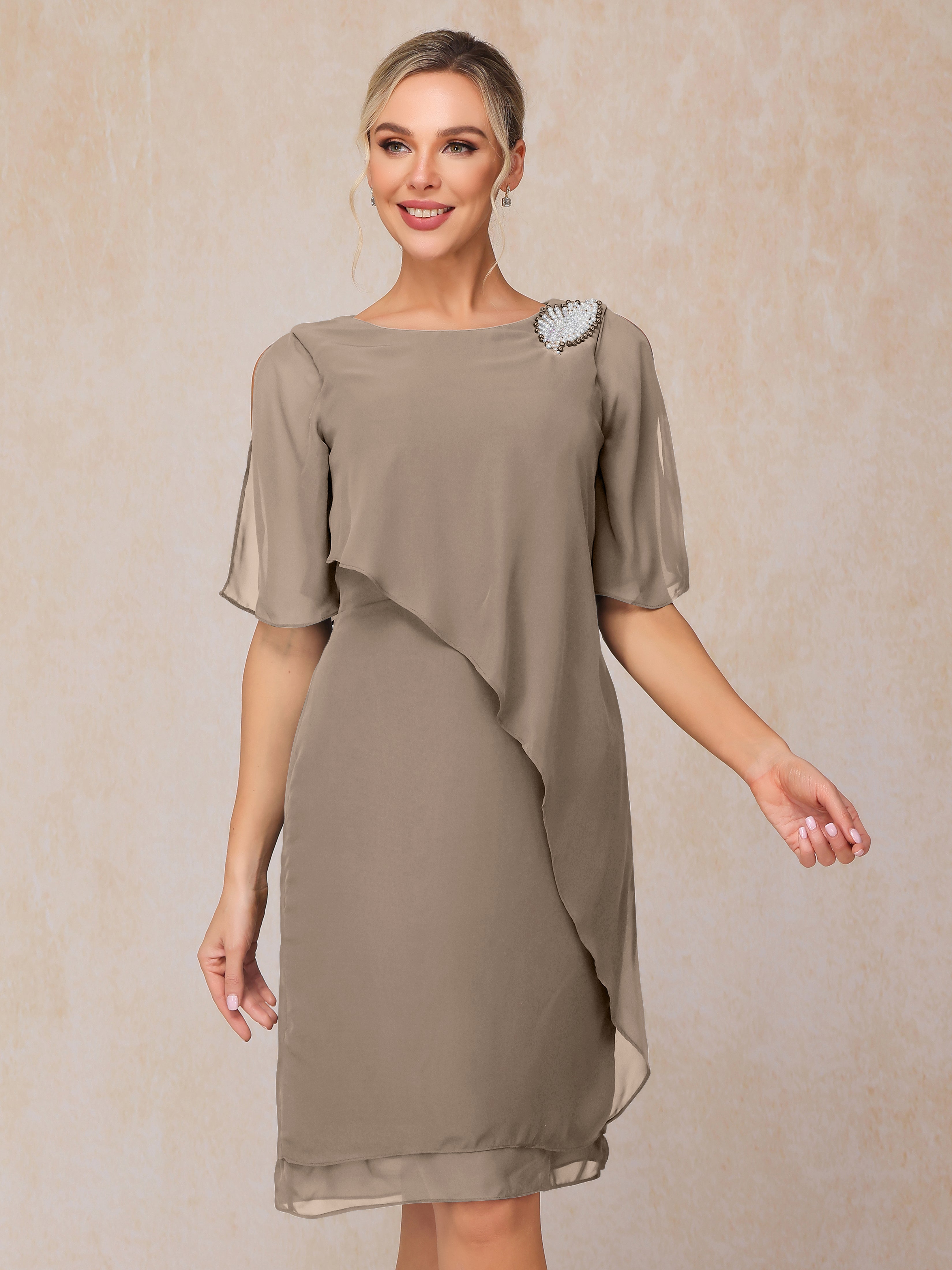 Short Sleeves Beading Knee Length Chiffon Mother Of The Groom Dress