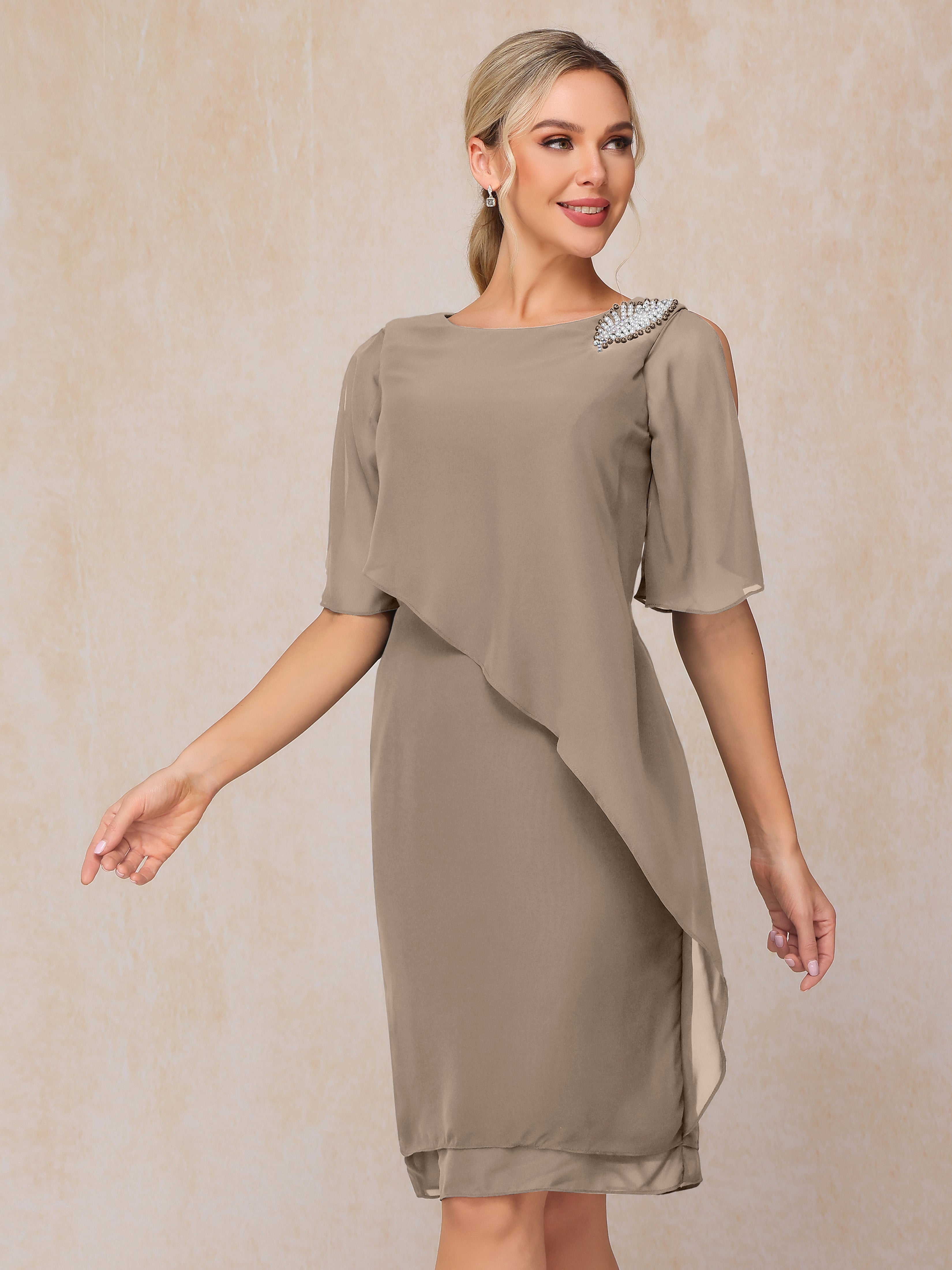 Short Sleeves Beading Knee Length Chiffon Mother Of The Groom Dress