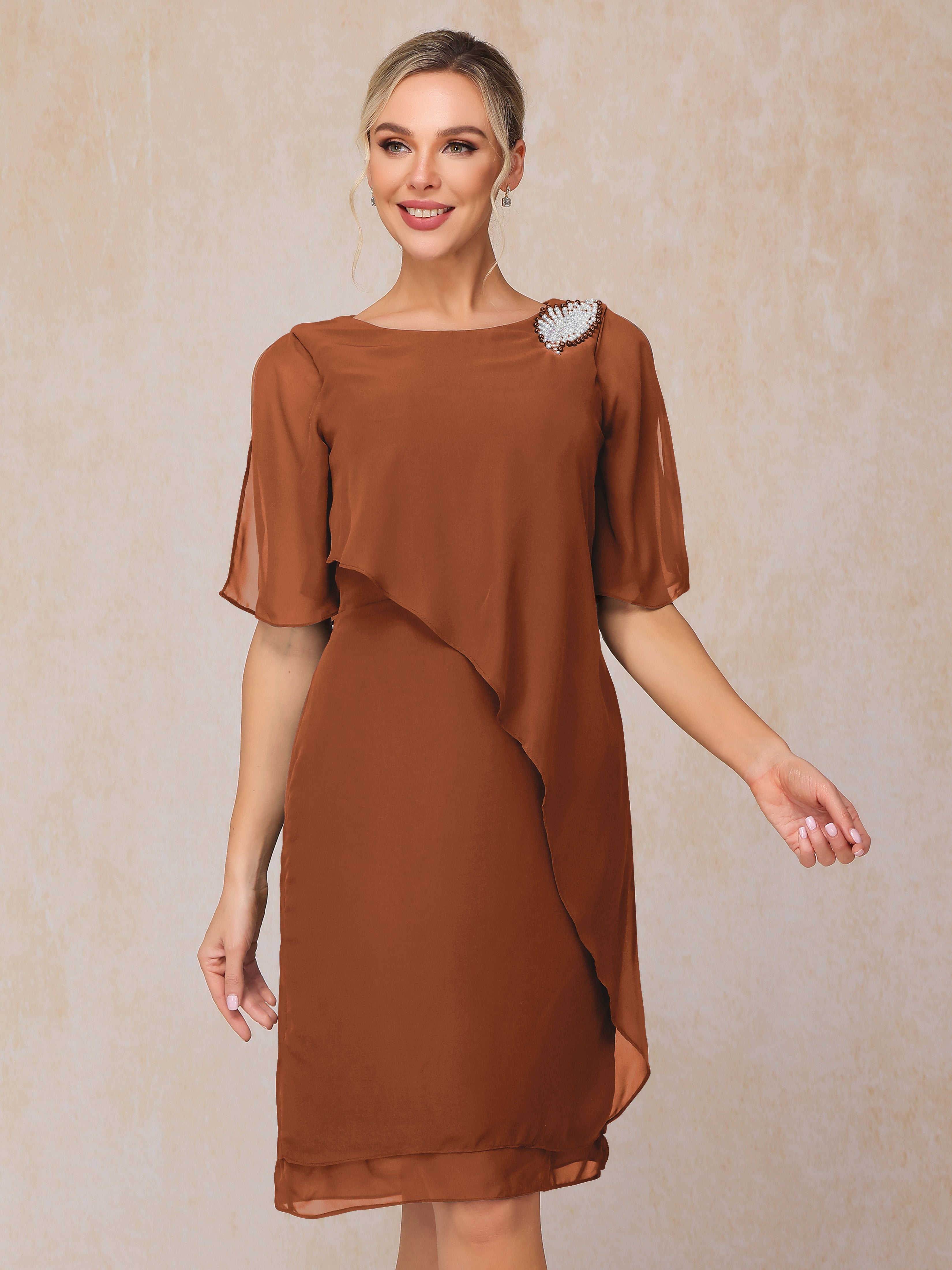 Short Sleeves Beading Knee Length Chiffon Mother Of The Groom Dress