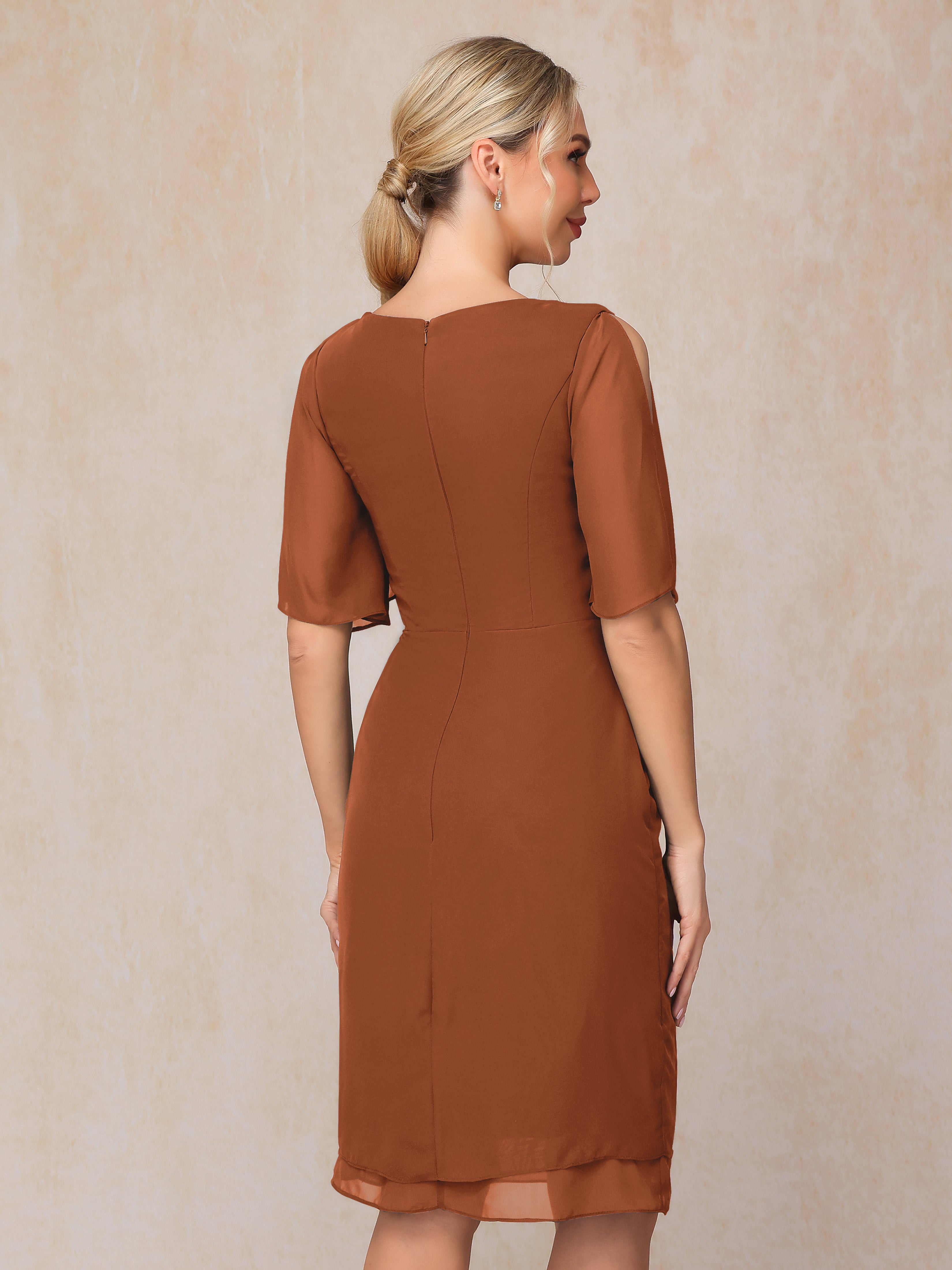 Short Sleeves Beading Knee Length Chiffon Mother Of The Groom Dress