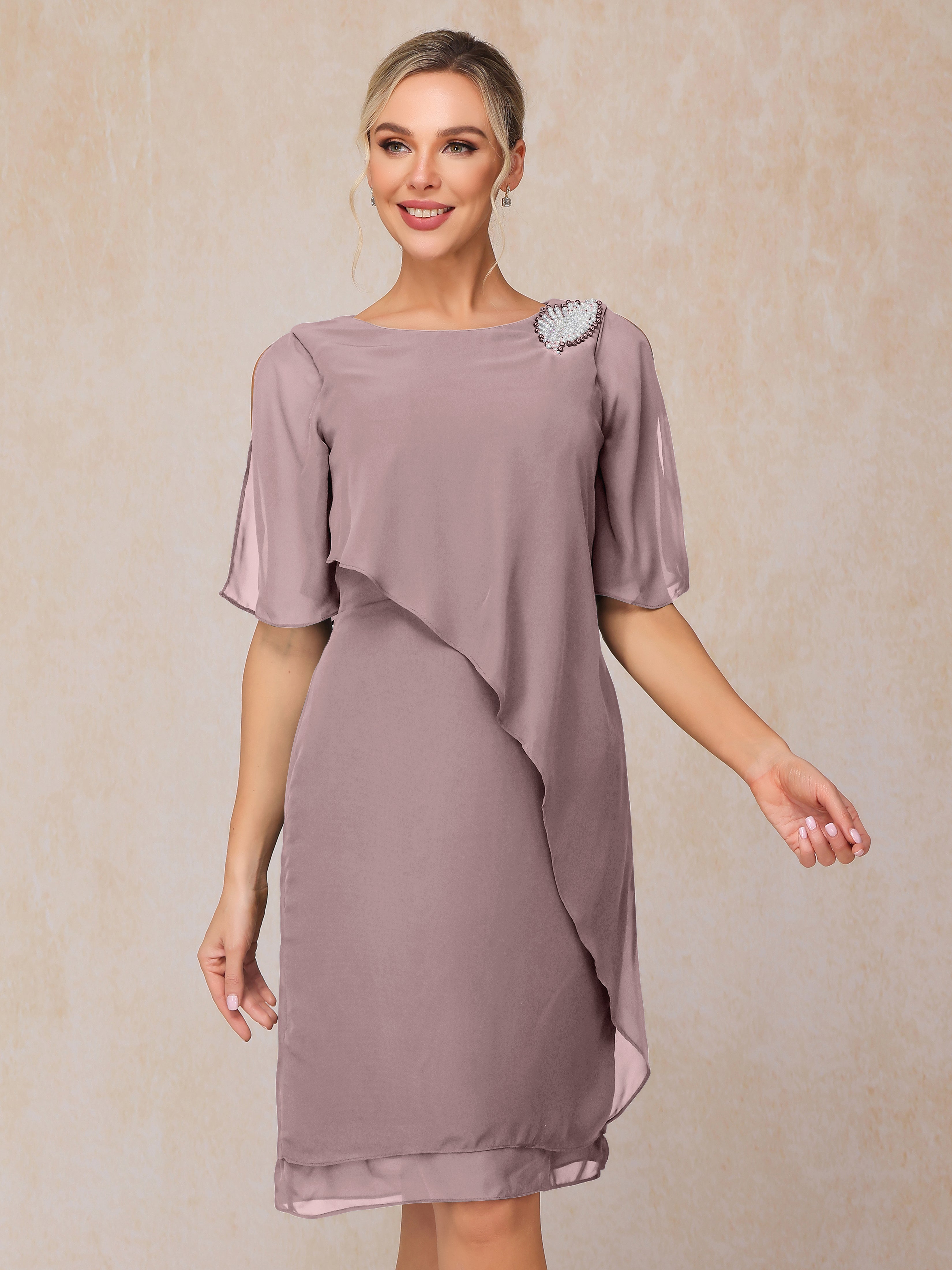 Short Sleeves Beading Knee Length Chiffon Mother Of The Groom Dress