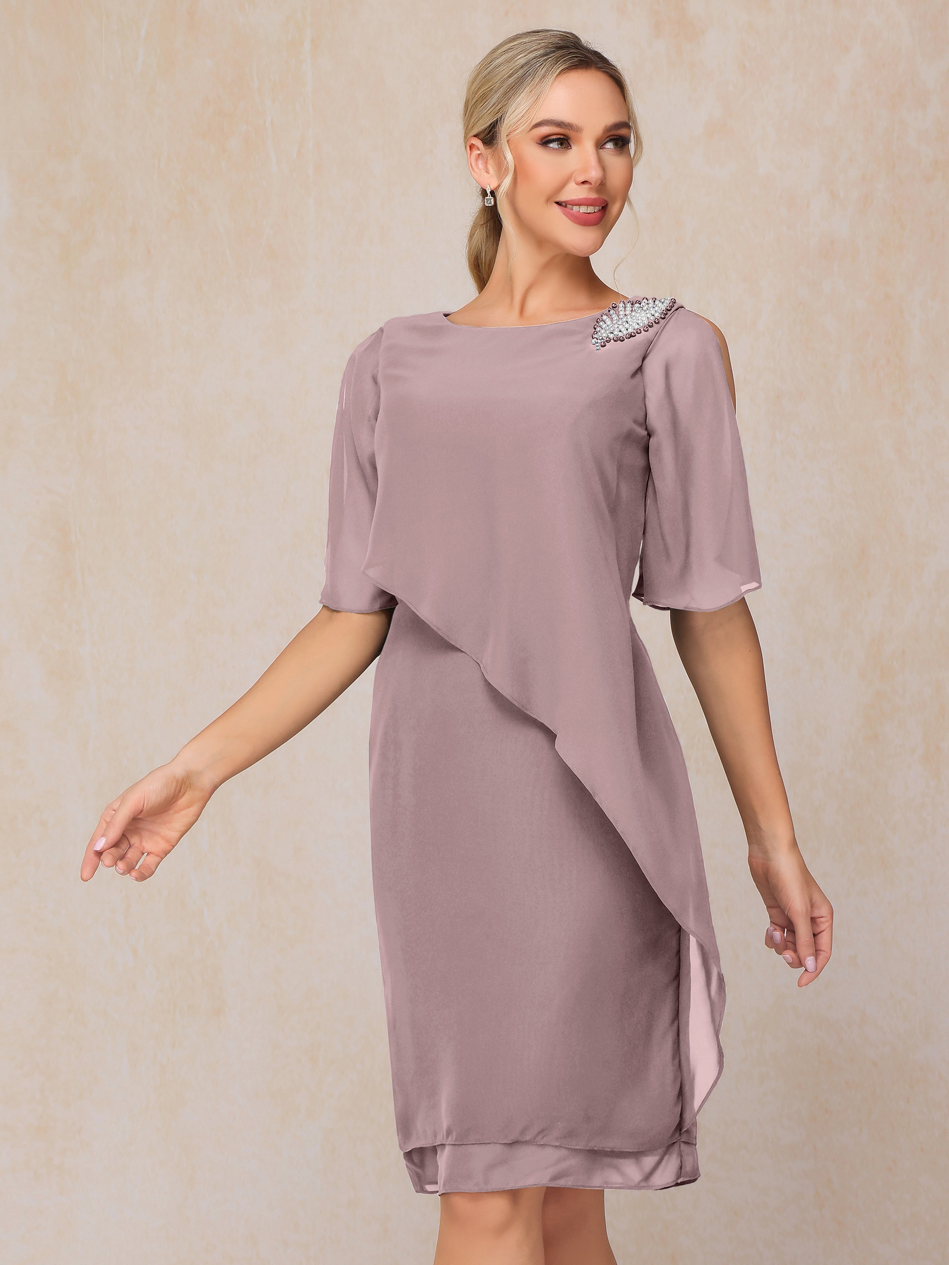 Short Sleeves Beading Knee Length Chiffon Mother Of The Groom Dress