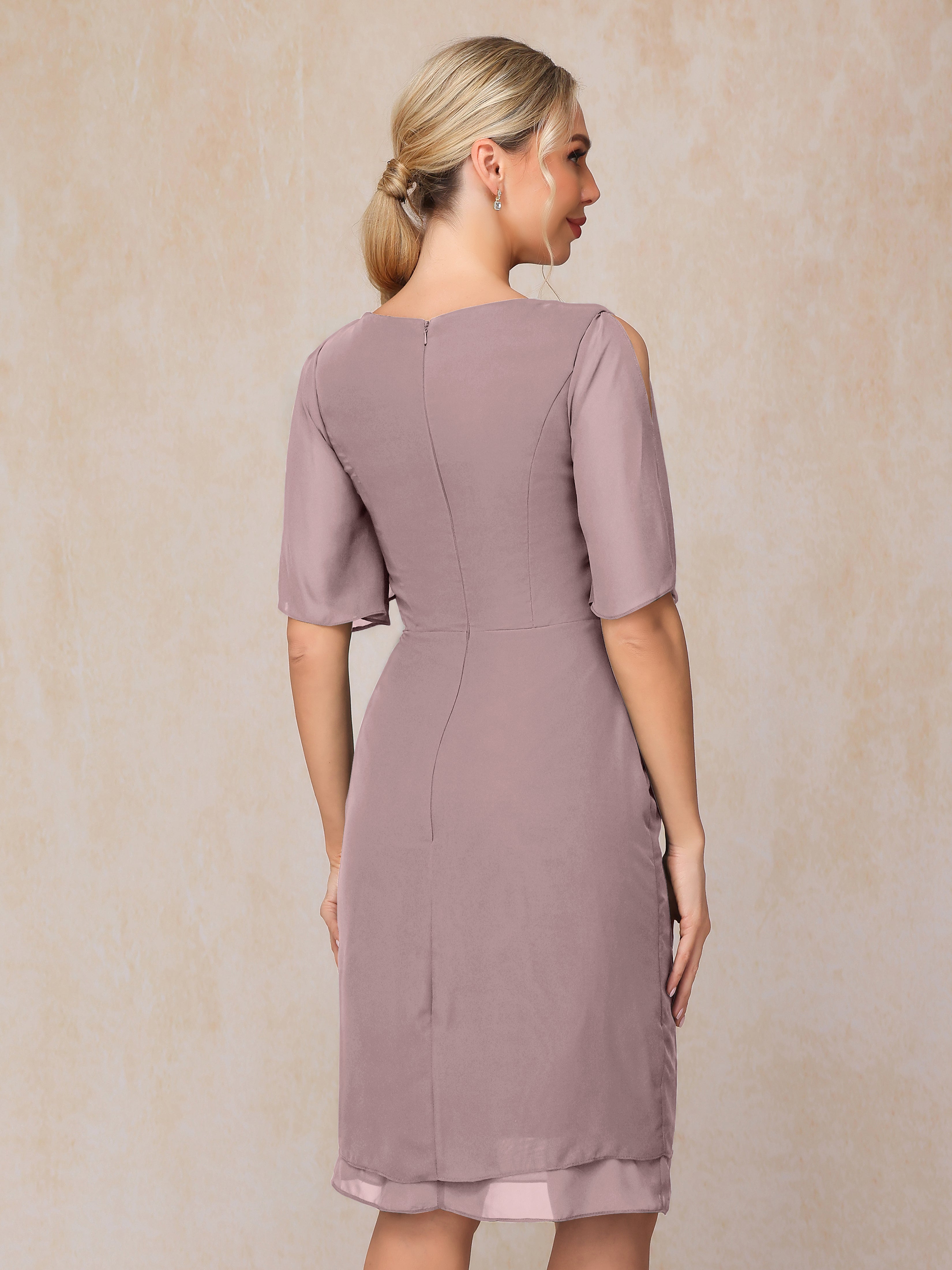 Short Sleeves Beading Knee Length Chiffon Mother Of The Groom Dress