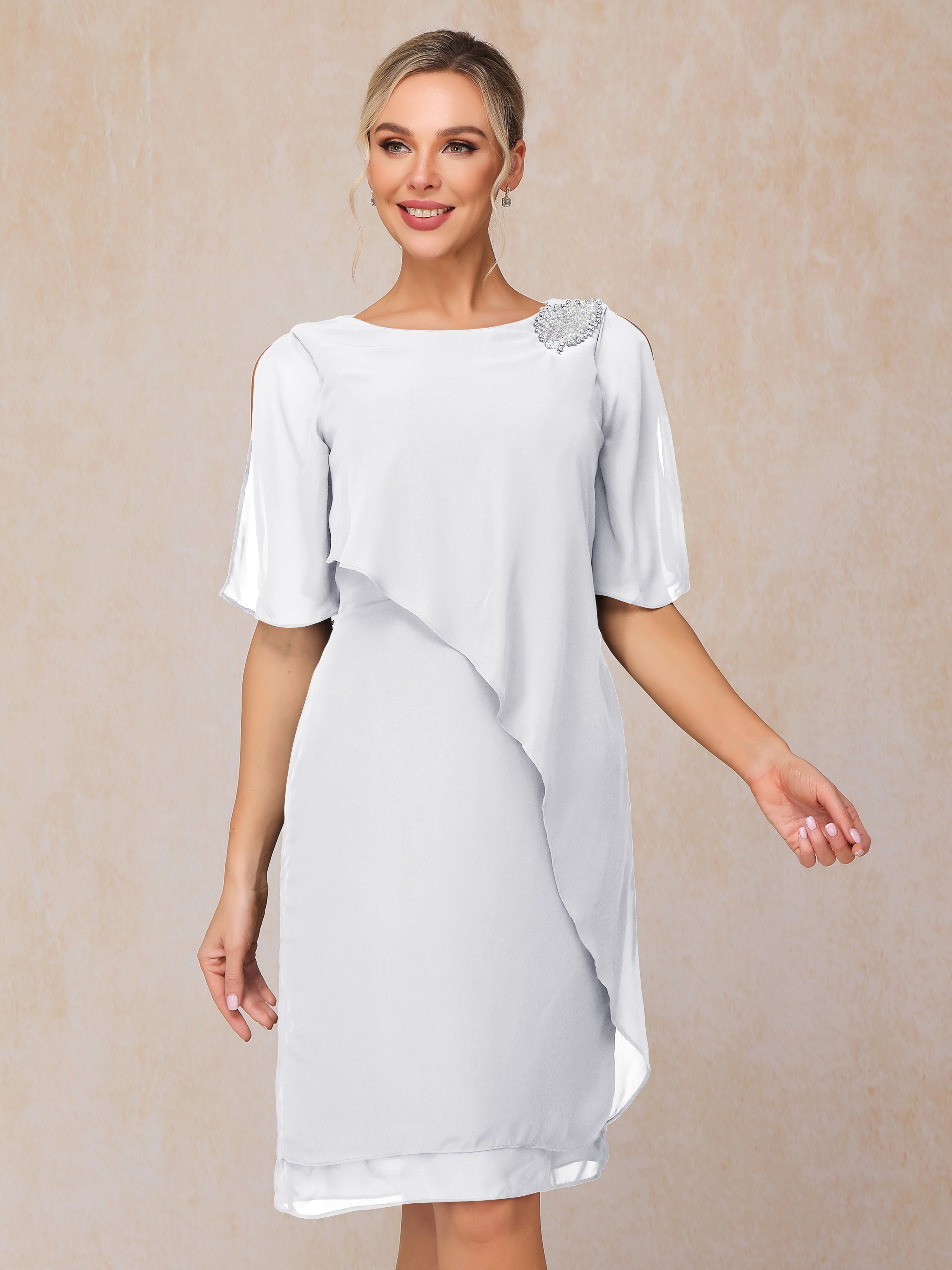 Short Sleeves Beading Knee Length Chiffon Mother Of The Groom Dress