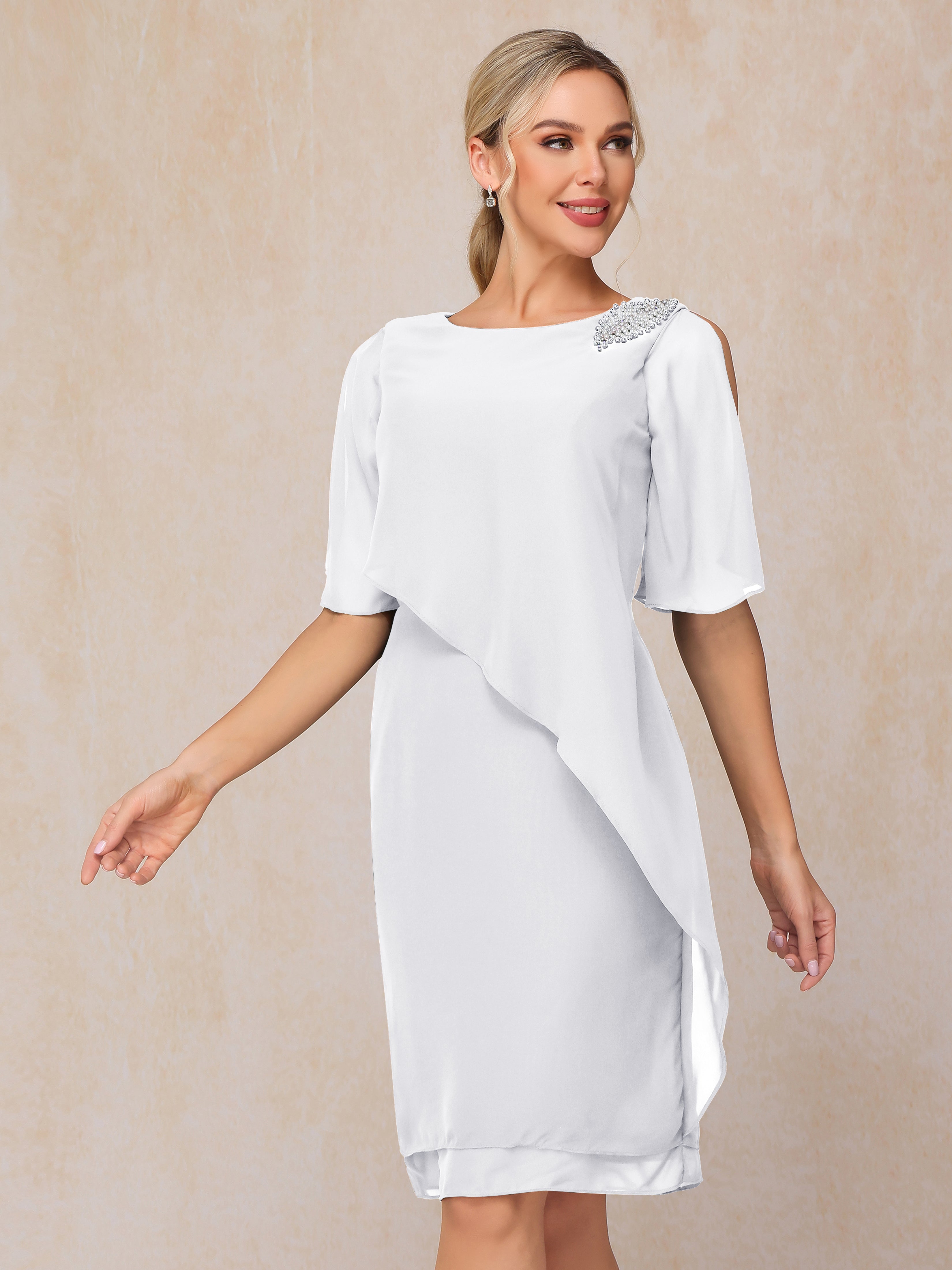 Short Sleeves Beading Knee Length Chiffon Mother Of The Groom Dress