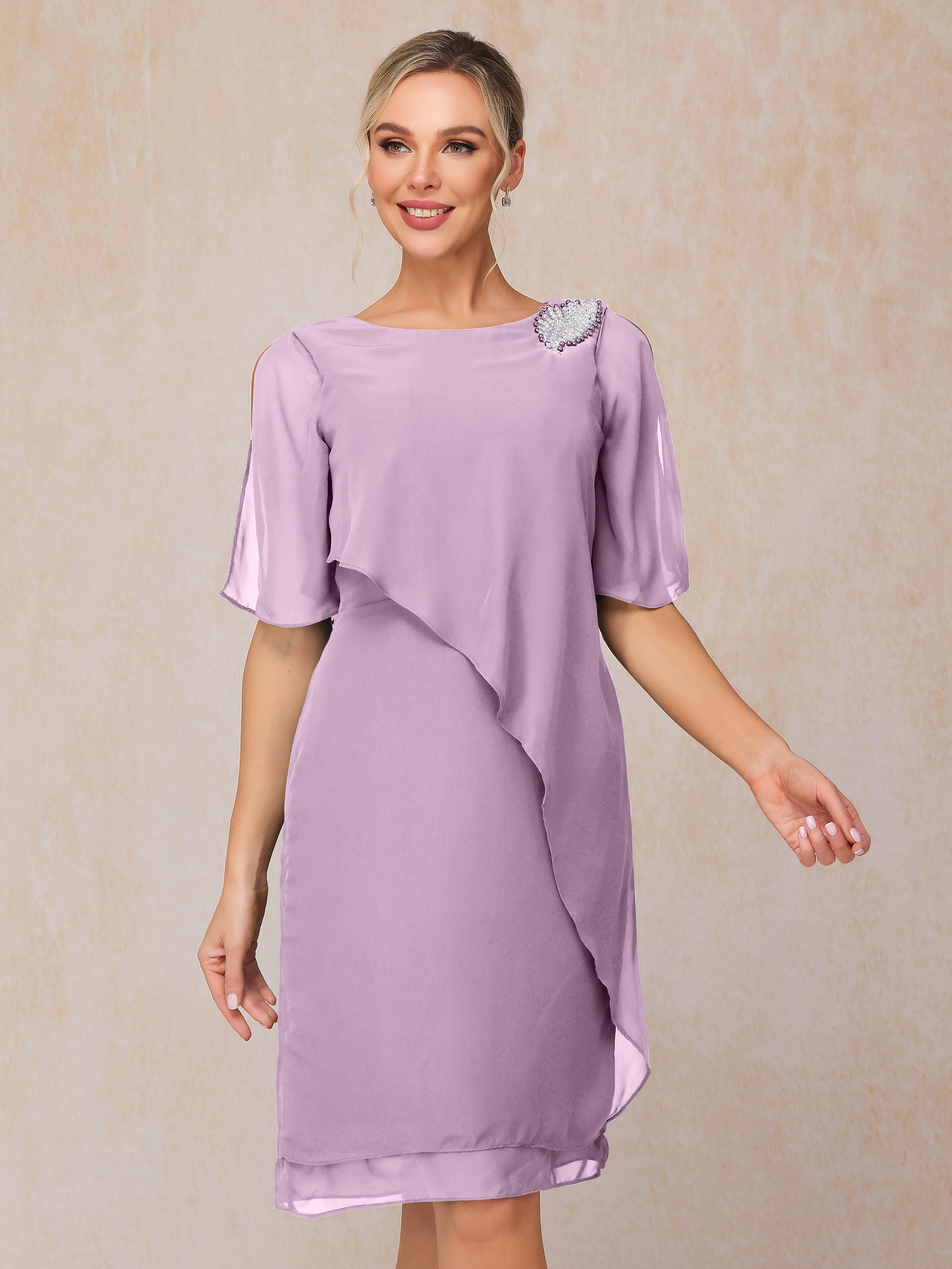 Short Sleeves Beading Knee Length Chiffon Mother Of The Groom Dress