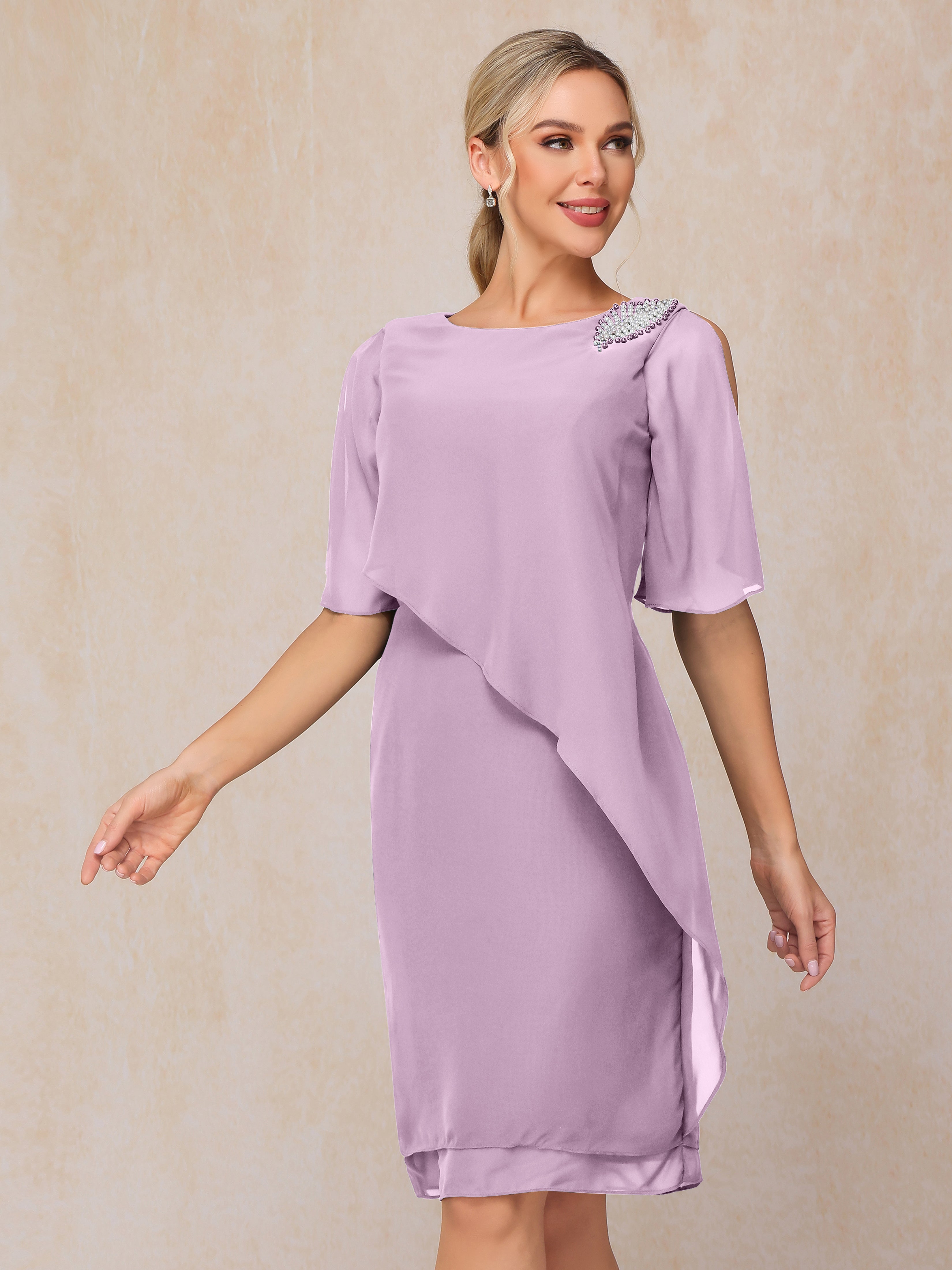Short Sleeves Beading Knee Length Chiffon Mother Of The Groom Dress