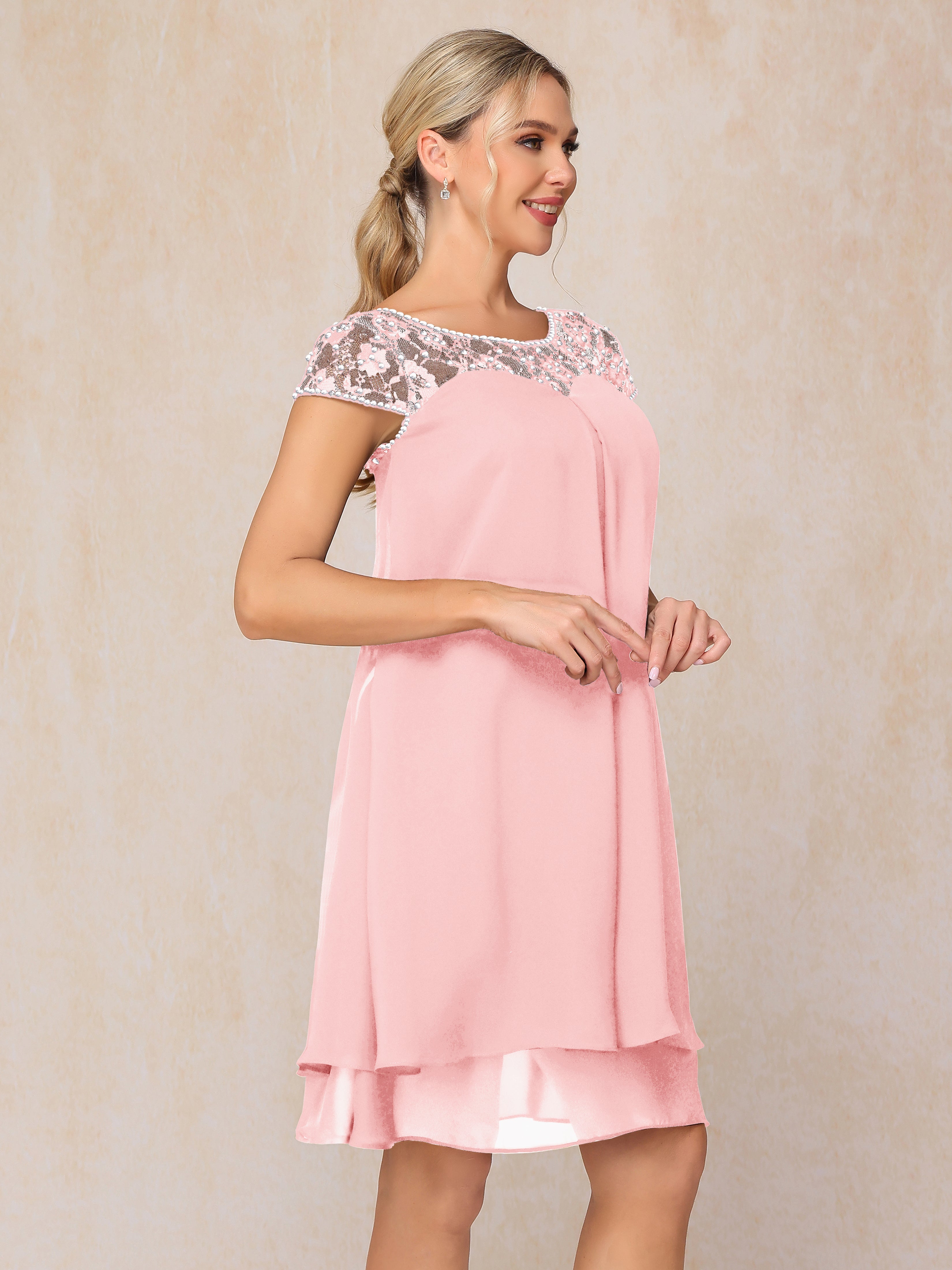 Cap Sleeves Beading Knee Length Chiffon Lace Mother Of The Groom Dress