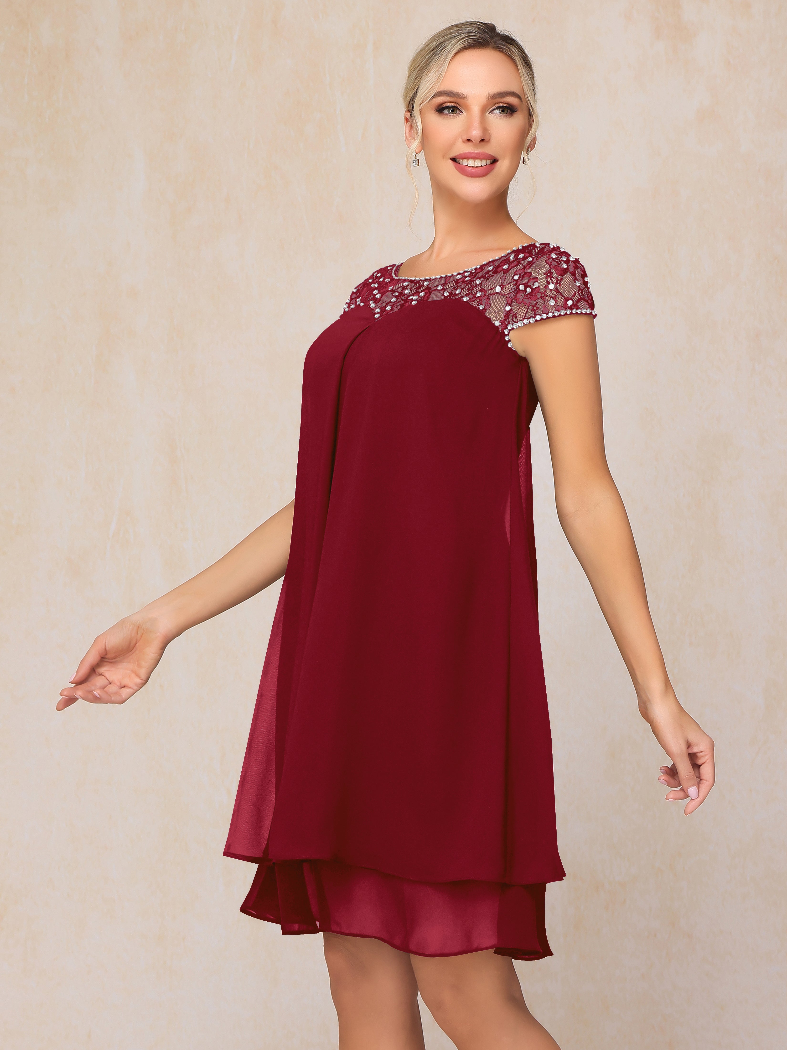 Cap Sleeves Beading Knee Length Chiffon Lace Mother Of The Groom Dress