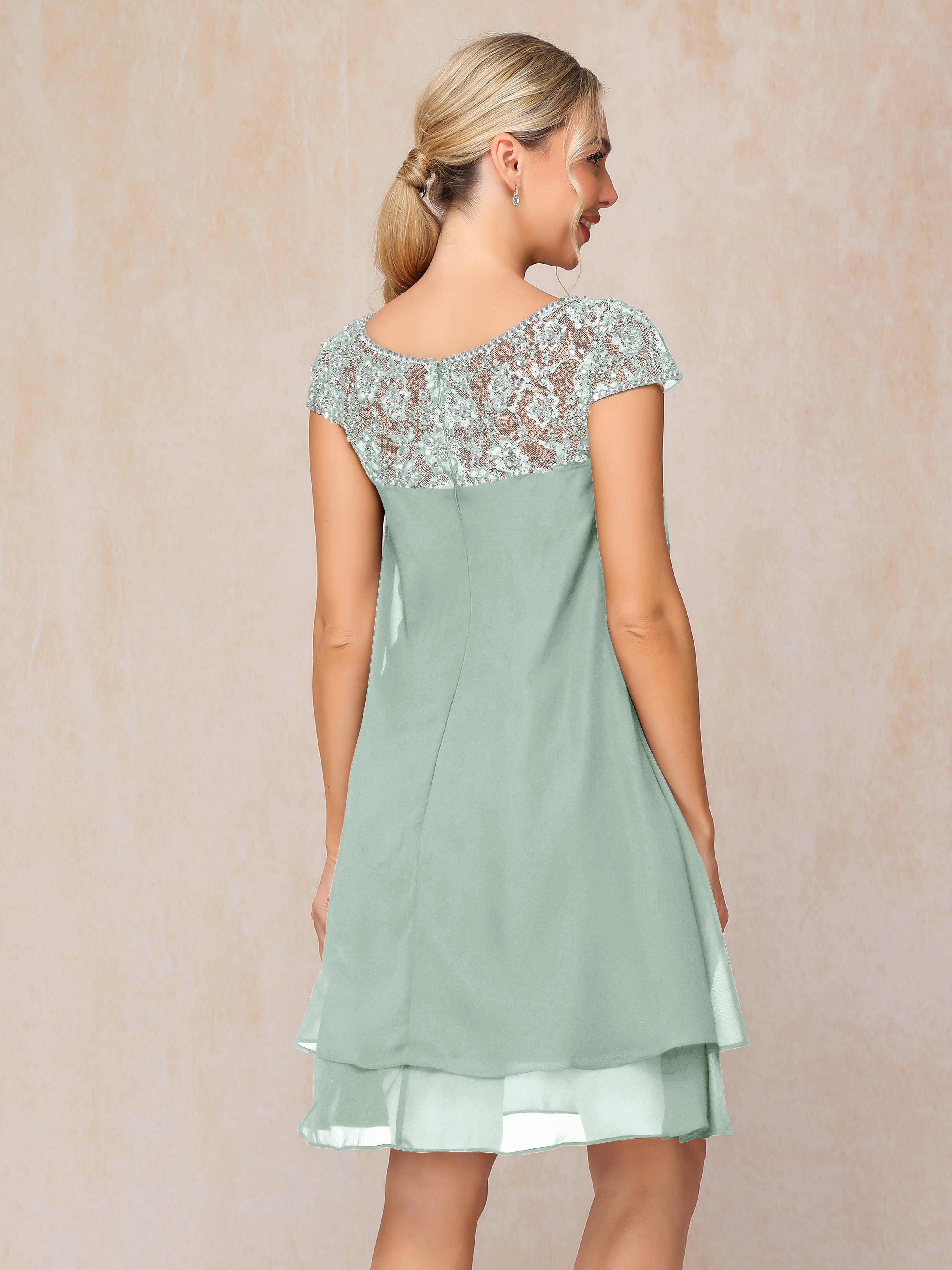 Cap Sleeves Beading Knee Length Chiffon Lace Mother Of The Groom Dress