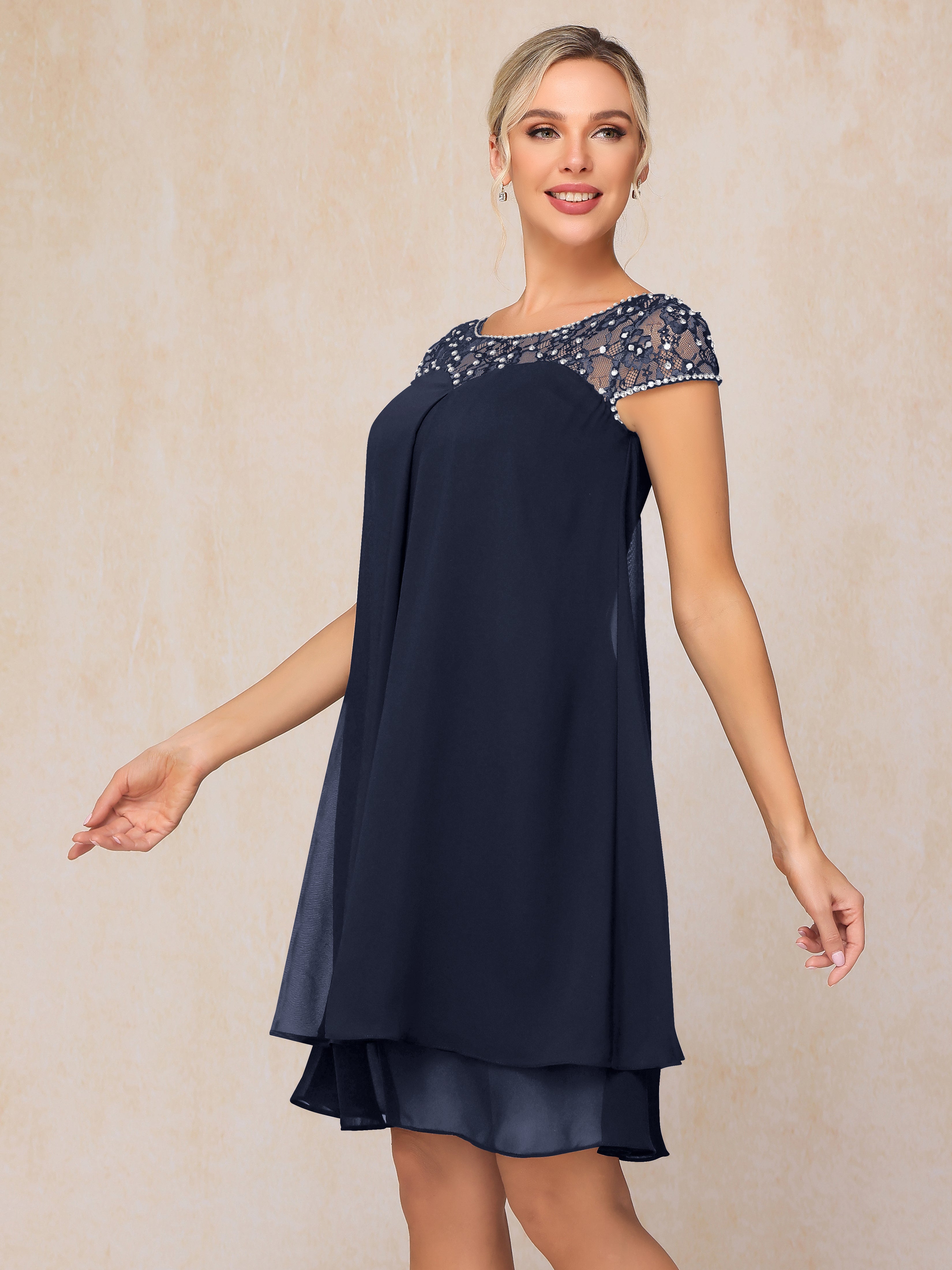 Cap Sleeves Beading Knee Length Chiffon Lace Mother Of The Groom Dress