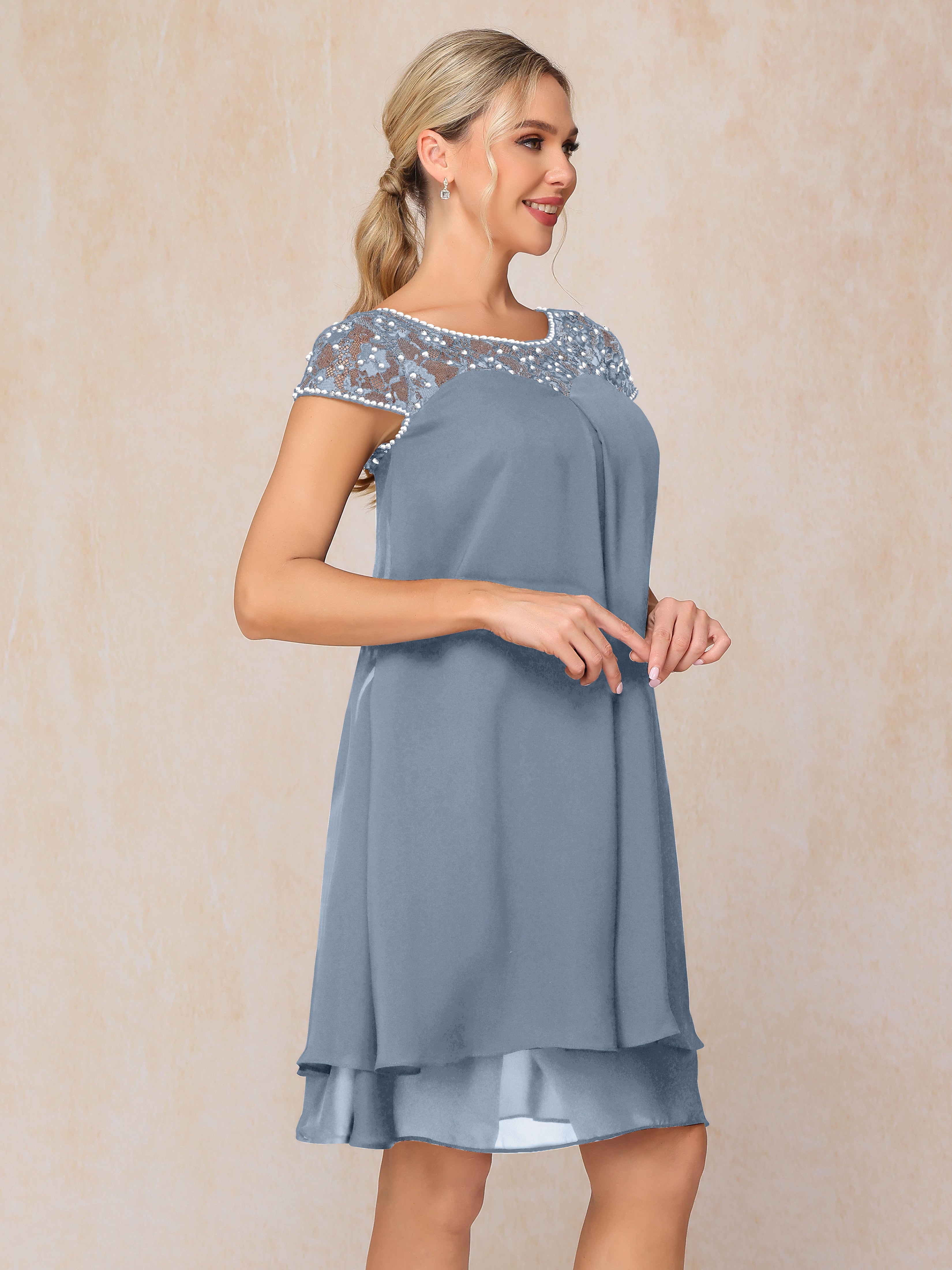 Cap Sleeves Beading Knee Length Chiffon Lace Mother Of The Groom Dress