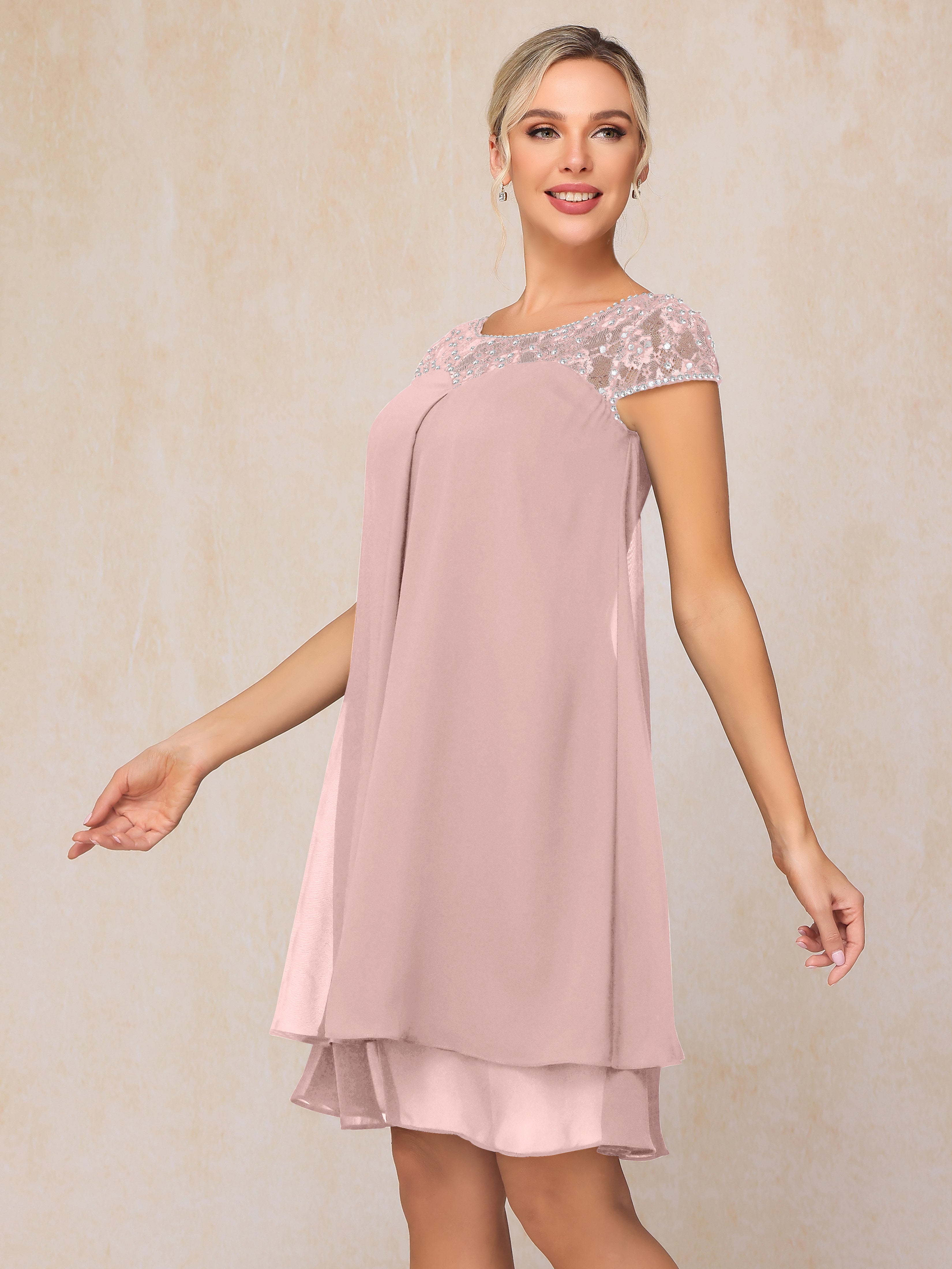 Cap Sleeves Beading Knee Length Chiffon Lace Mother Of The Groom Dress