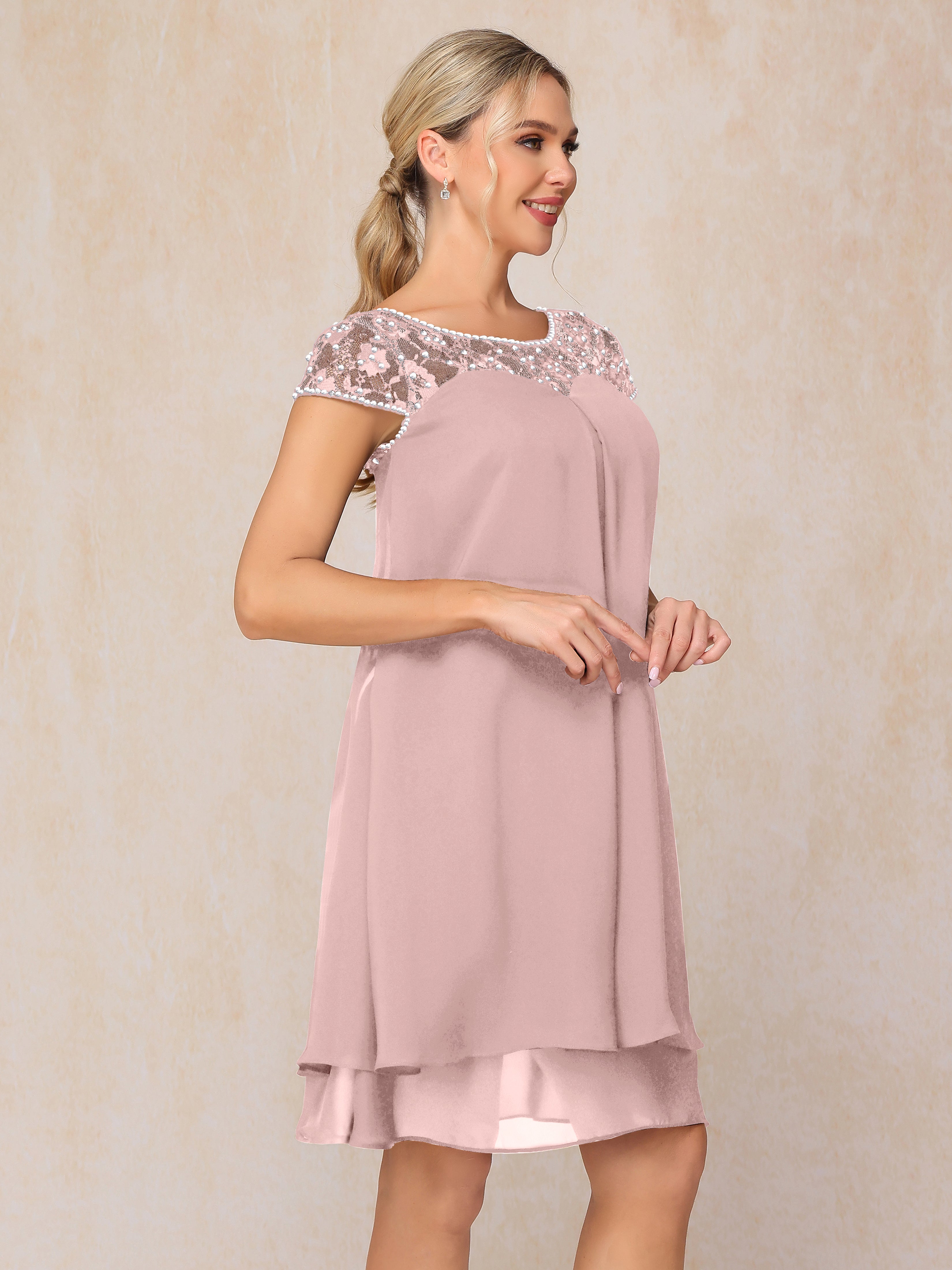 Cap Sleeves Beading Knee Length Chiffon Lace Mother Of The Groom Dress